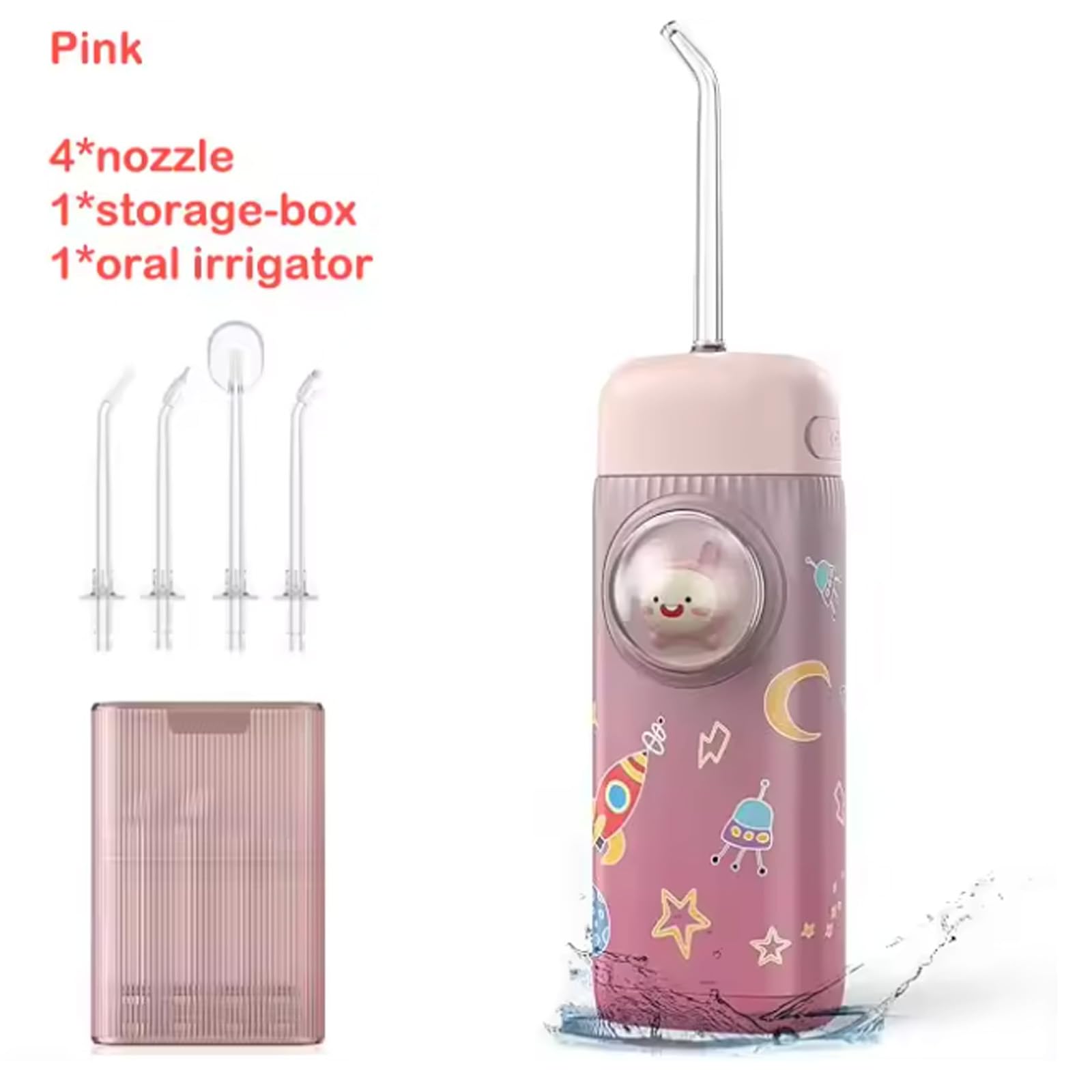 Irrigador bucal para niños, 2 modos, irrigador dental portátil para dientes, 120 ml, IPX7, impermeable, con 4 boquillas reemplazables, color rosa