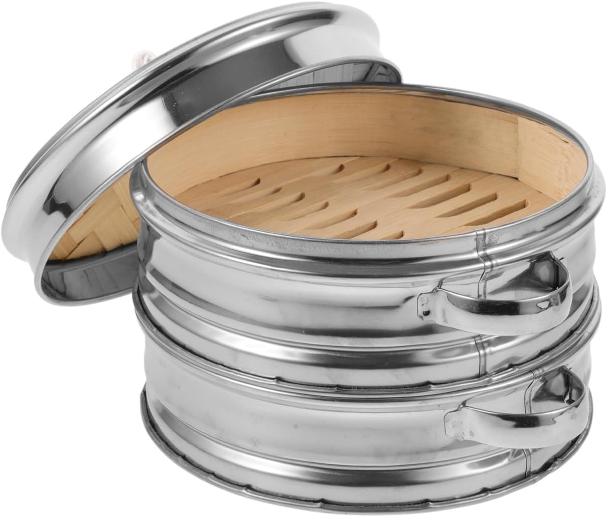 IMIKEYA Bamboo Steamer Basket, 7-Inch, 2-Tier Dumpling Steamer Basket with Lid Home Kitchen Vegetables Steam Pot for Dim Sum, Bao Buns, Dumplings, Asian Food, Rice