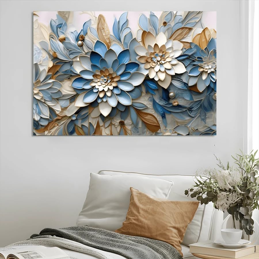 Tableau sur toile de salon contemporain bleu et fleurs pour décoration chambre