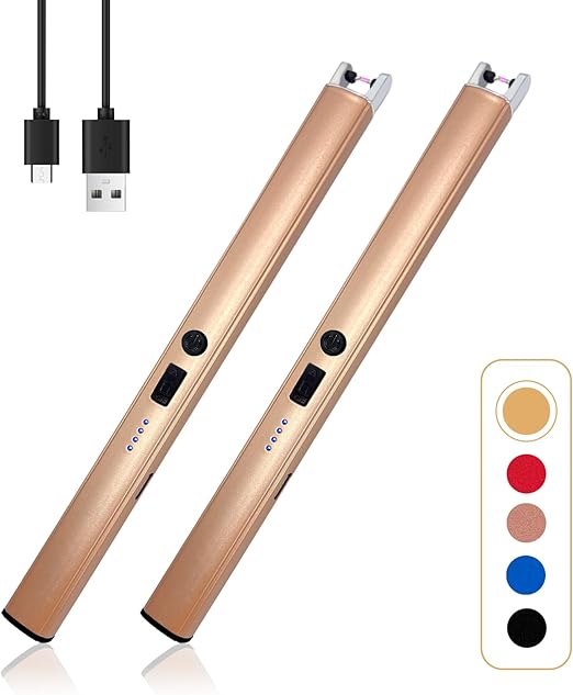 2 PCS Candle Lighter,Windproof Flameless Electric Lighter with LED Power Display & Safety Switch, Upgraded Plasma USB Rechargeable Lighters for Birthday Camping BBQ (Champagne Gold)