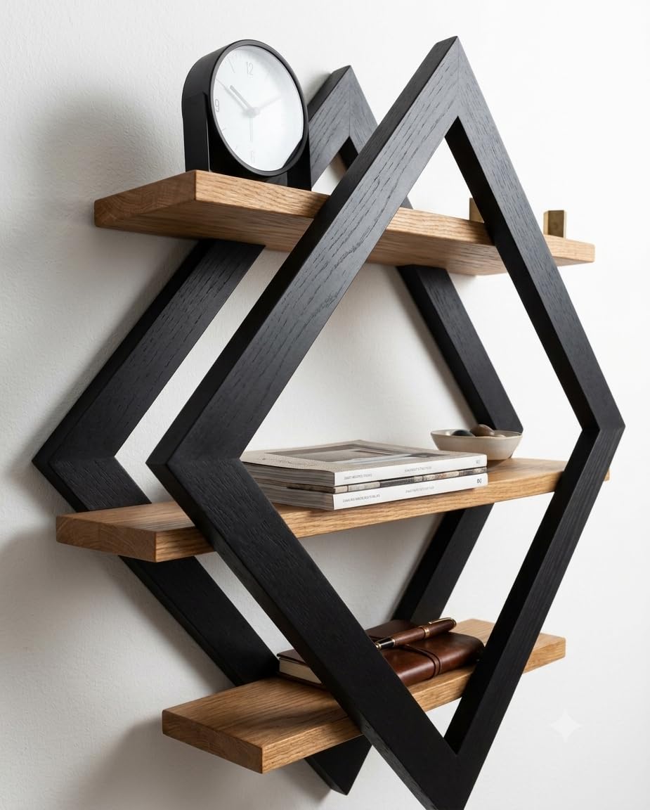 GLE Geometric Diamond Floating Wall Shelf 3-Tier Black & Teak Wood | Warm Ambient Backlit, Floating Display Rack, Accent Wall Art Decor, Modern Diamond Design, Living Room & Office-image-34