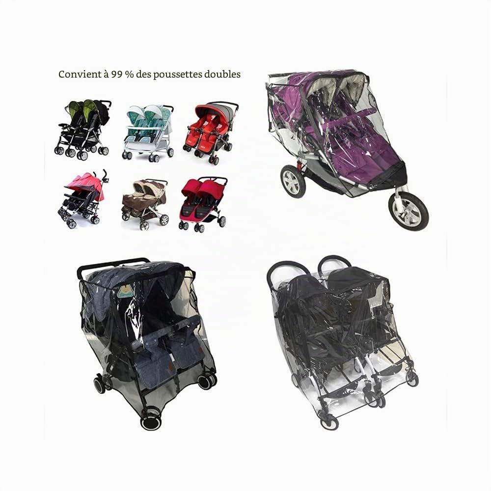 Habillage pluie universel pour poussette jumeaux côte à côte Housse de pluie imperméable Double Housse de Capuche en PVC transparent imperméable à la poussière et au vent pour poussette double landau