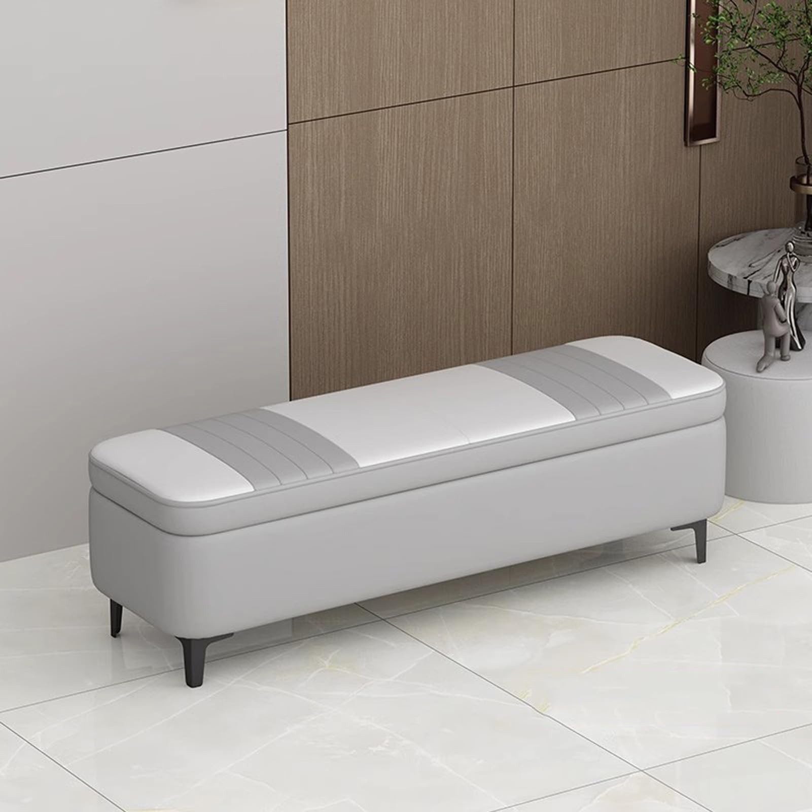 Banc de rangement en cuir et métal noir pour bout de lit et entrée