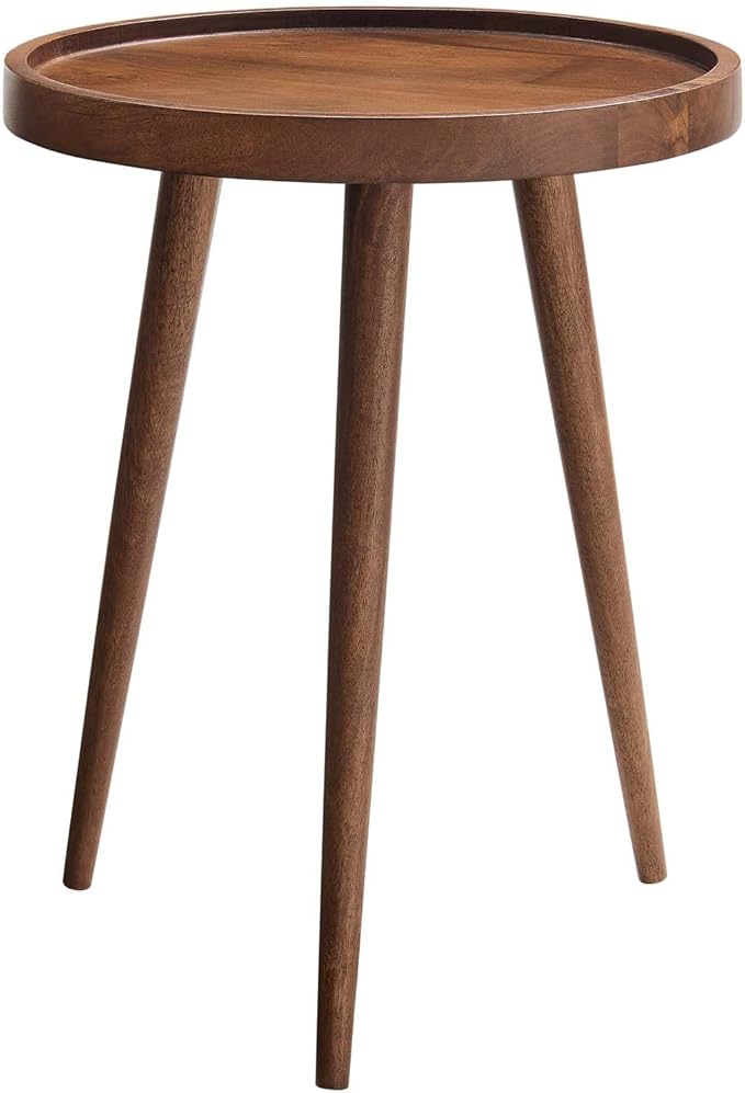 Modway Chiro Solid Wood Side Table in Walnut with Tray Top - Mid-Century Modern Round Accent Table - Small Bedside Table with Tapered Legs - Living Room End Table product photo