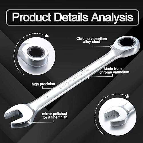 Miniatura 4 de KATUR Juego de llaves de trinquete fijas de 0.512 in y llaves de mango, juego de herramientas manuales de acero al cromo vanadio, combinación