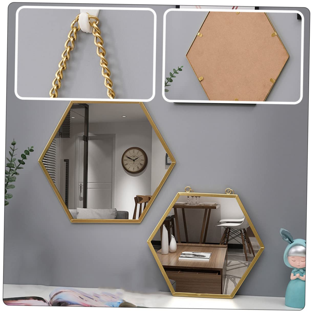 Anneome Specchio Cosmetico da Parete Esagonale, Decorazione Murale in Metallo e Vetro, per Bagno e Toeletta, Stile Decorativo Raffinato