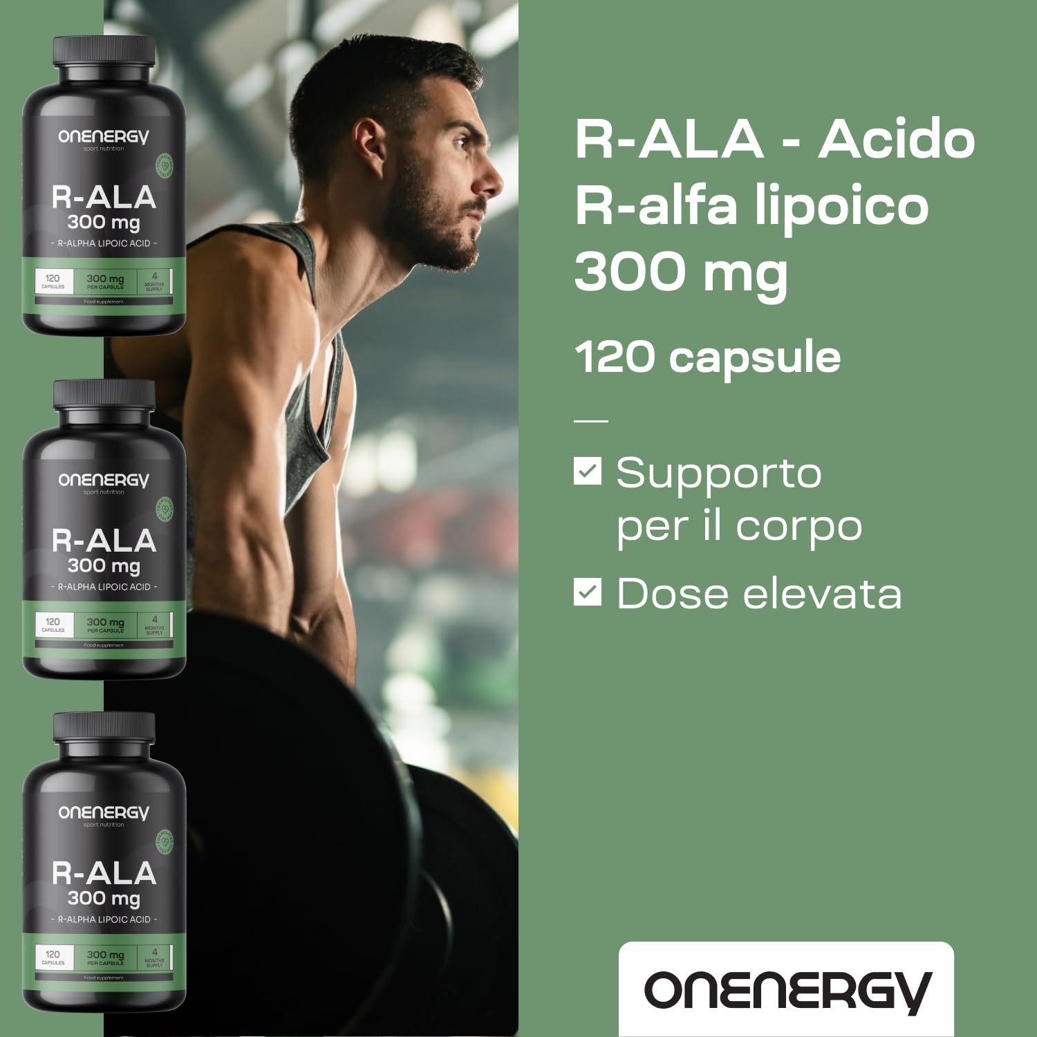 R-ALA - Acido R-alfa Lipoico 300 mg - 120 Capsule Vegetali - Alto Contenuto e Qualità - Potenziamento Energetico - Vitalità - Fornitura per 4 Mesi - Ottimo per Atleti