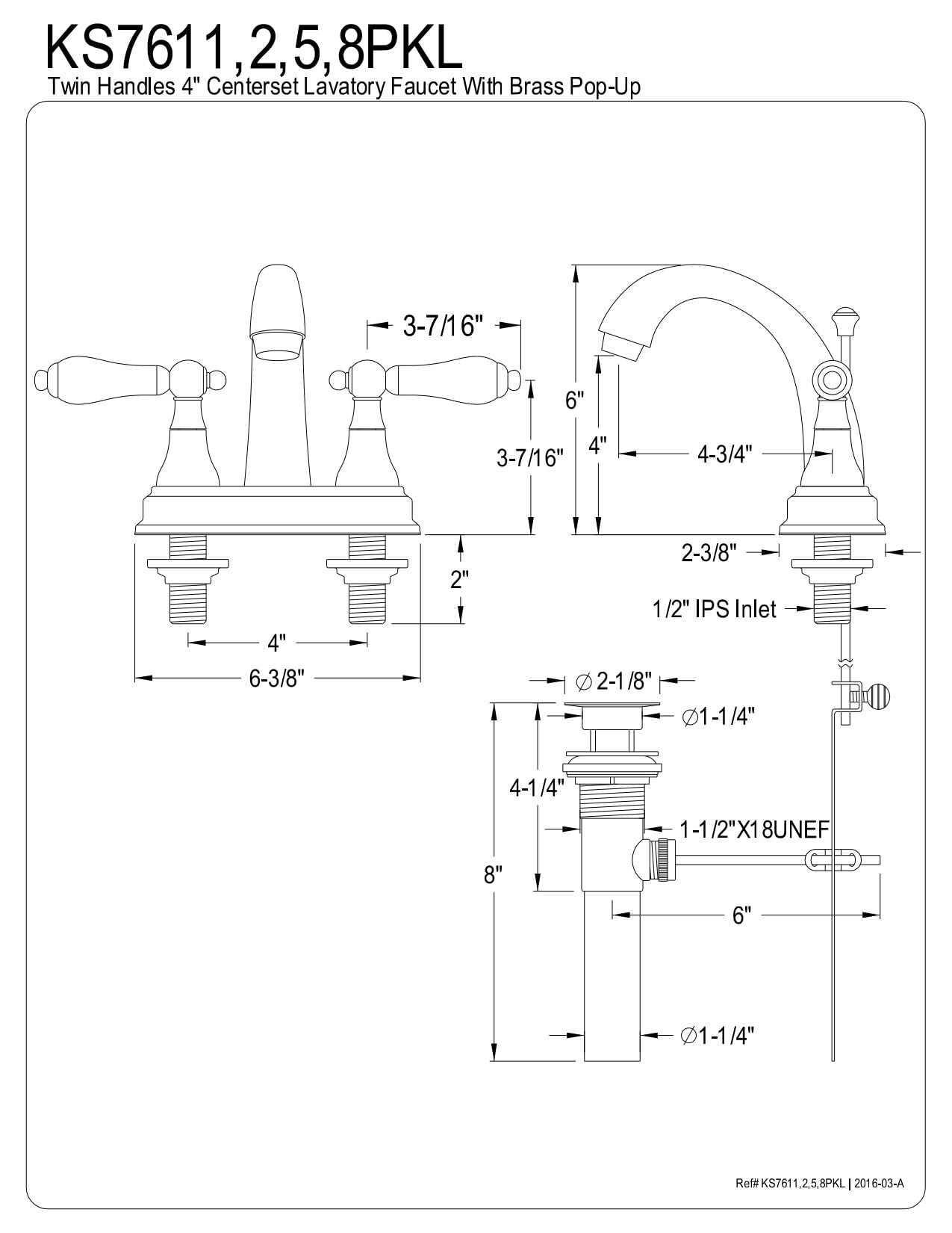 Kingston Brass KS7615PKL Llave de Grifo de baño de 10,16 cm con válvula Clic-clac de latón, Bronce aceitado, 4 pulgadas