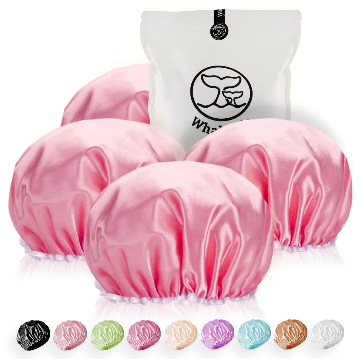 WhaleLife Shower Cap - Black Double-Layer Waterproof Reusable Satin-Lined for Women Men | Fits Thick Hair | Home Spa Travel 4 Pack