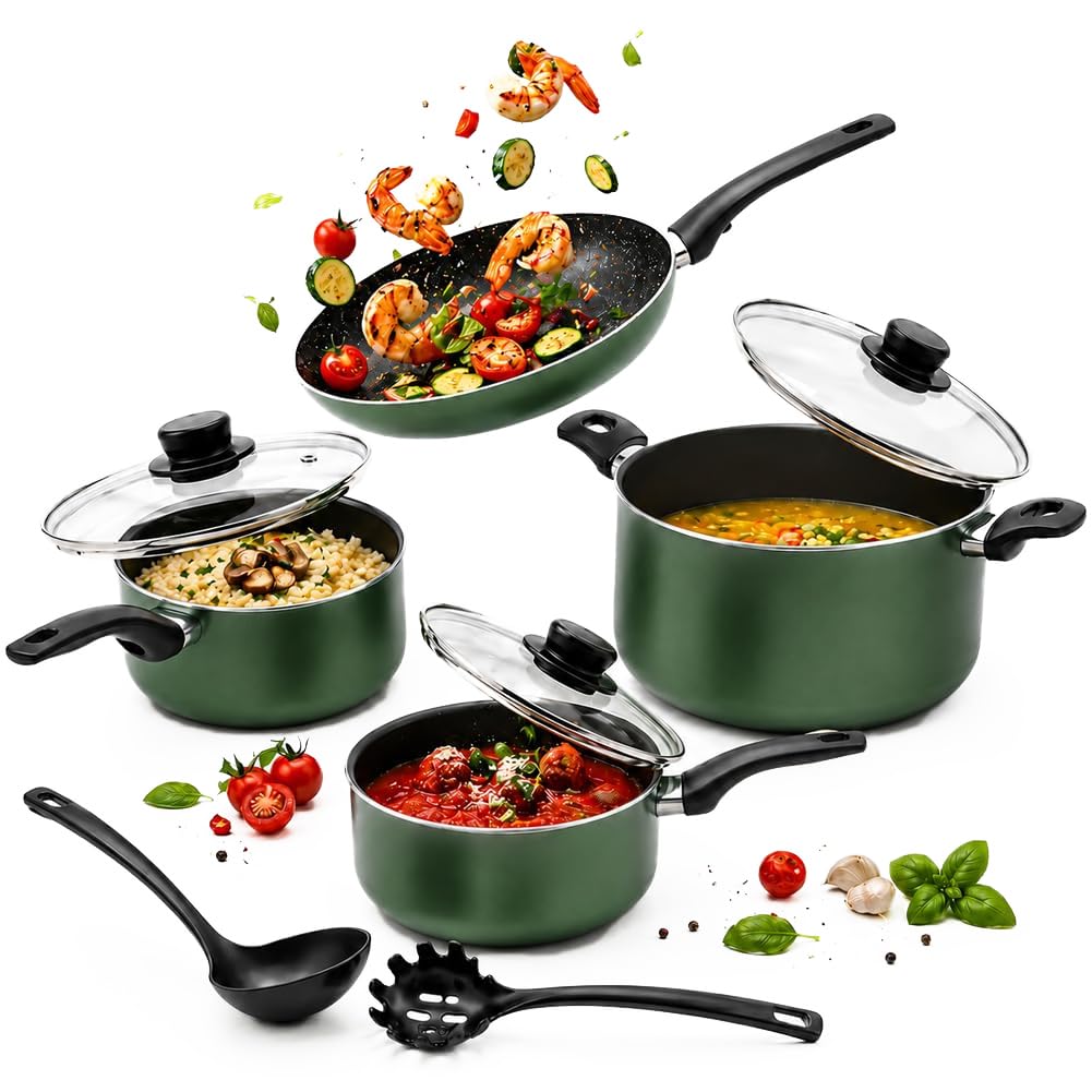 BAKAJI Batería de ollas y sartenes de 9 piezas Natura Più Verde con tapas, juego de utensilios de cocina con revestimiento antiadherente y mango Cool Touch, sartén y olla con tapa de cocción homogénea