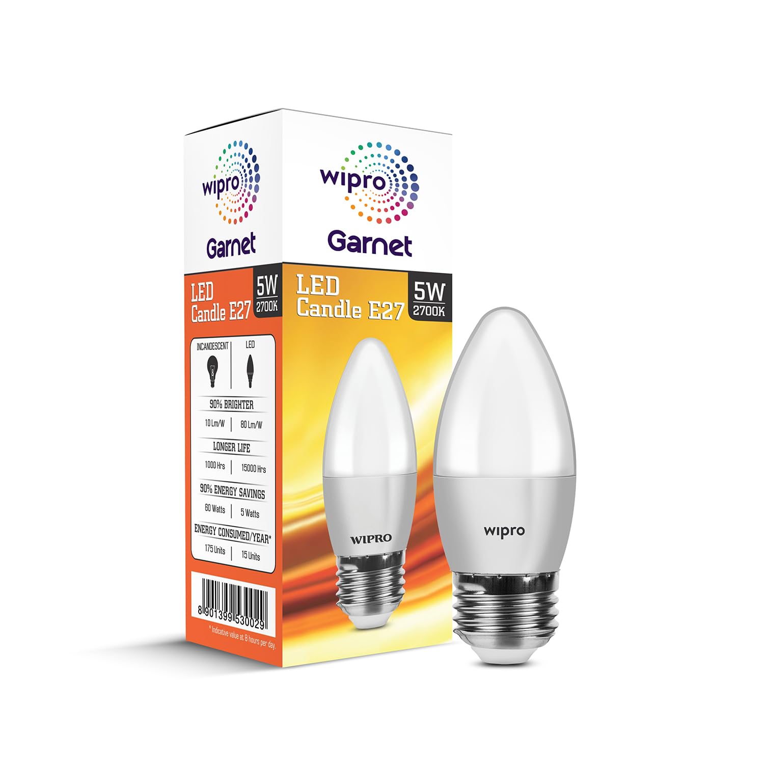wipro Garnet 5 W E27 Base Frosted Candle LED Bulb | Warm White (2700K) | Pack of 1 | Clear optics for sparkling effect | LED Filament Bulb for Home, office, chandellior, decorative lamp shade