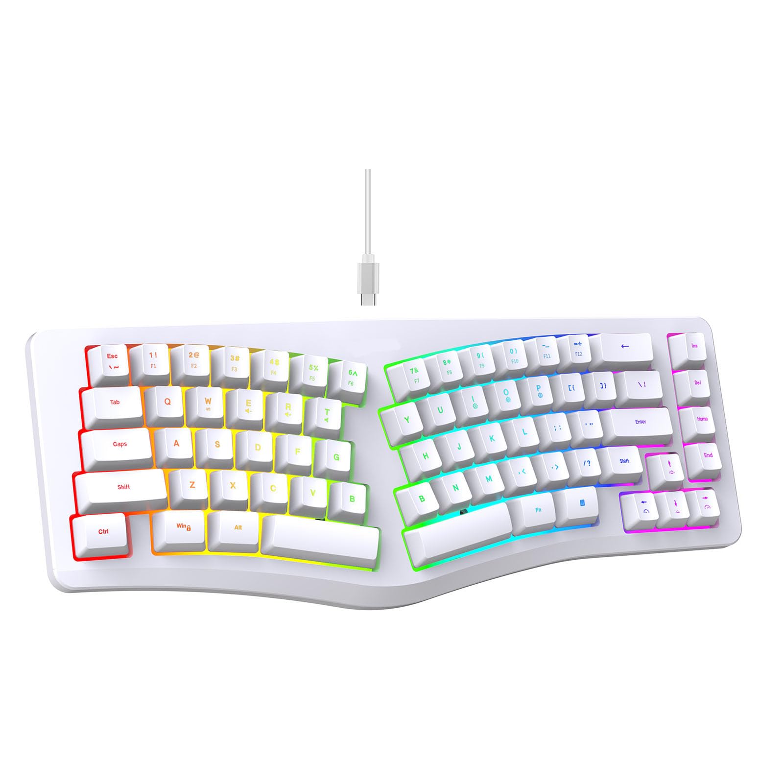 Annadue Tastiera ergonomica divisa a 69 tasti, 18 modalità RGB, USB C staccabile, tasti silenziosi, tastiera compatta cablata per/per Linux (ufficio/gioco/casa) (bianco)
