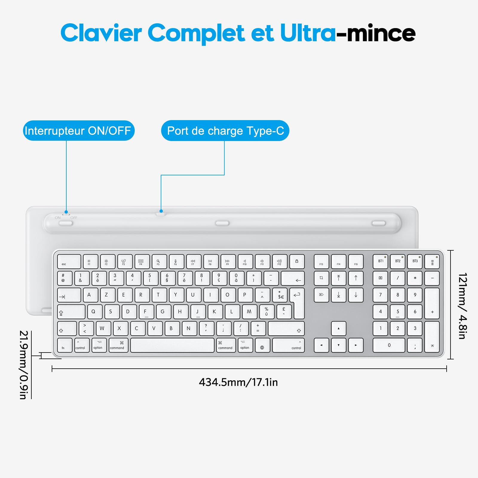 OMOTON Clavier Bluetooth sans Fil pour Mac AZERTY Français, Argent | Rechargeable, Multi-dispositifs avec 3 Canaux Bluetooth pour Apple MacBook Pro/Air, Mac Pro/Mini, iMac