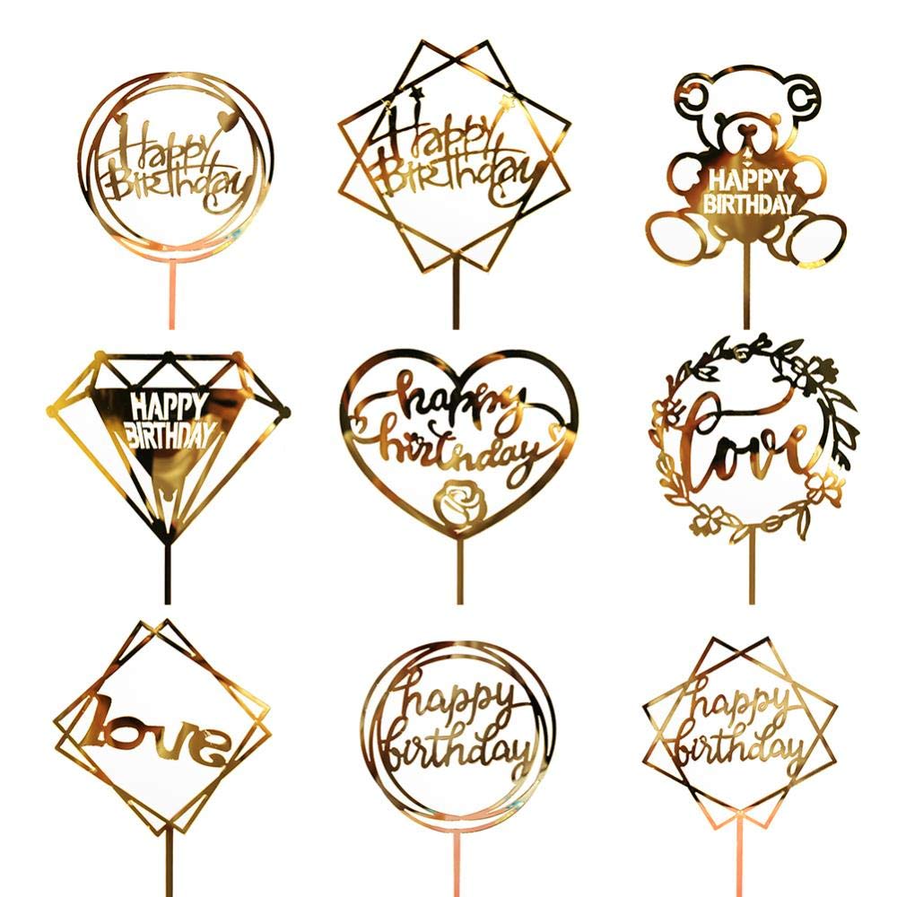 Goldene „Happy Birthday“ Tortenaufsätze – 6 Stück, Acryl, Doppelseitig Spiegelnd, Für Kuchen & Cupcakes