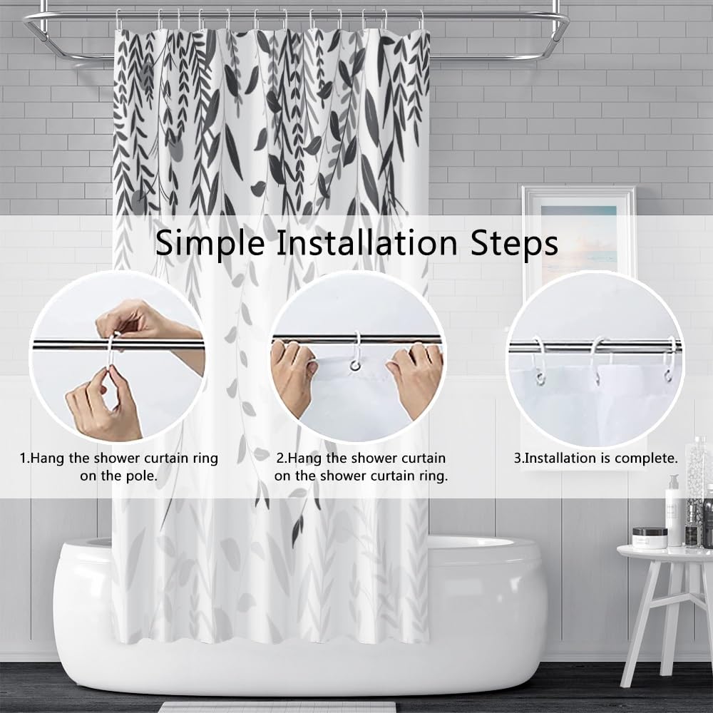 Duschvorhang Grau, Duschvorhang Eukalyptus Blätter Motiv Pflanzen Duschvorhänge Anti Schimmel Wasserdicht Polyester Stoff Waschbar Bad Vorhang mit 8 Haken für Badezimmer Badewanne 120x180cm