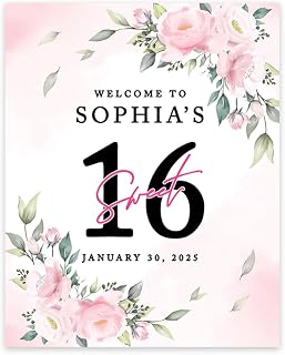 Andaz Press Large Personalized 16" x 20" Sweet 16 Welcome Sign, Pre-Mounted Blush Pink Florals Custom Name Sign for Girls, Sweet 16 Pink Party Decorations, 16th Birthday for Her, 1-Pack