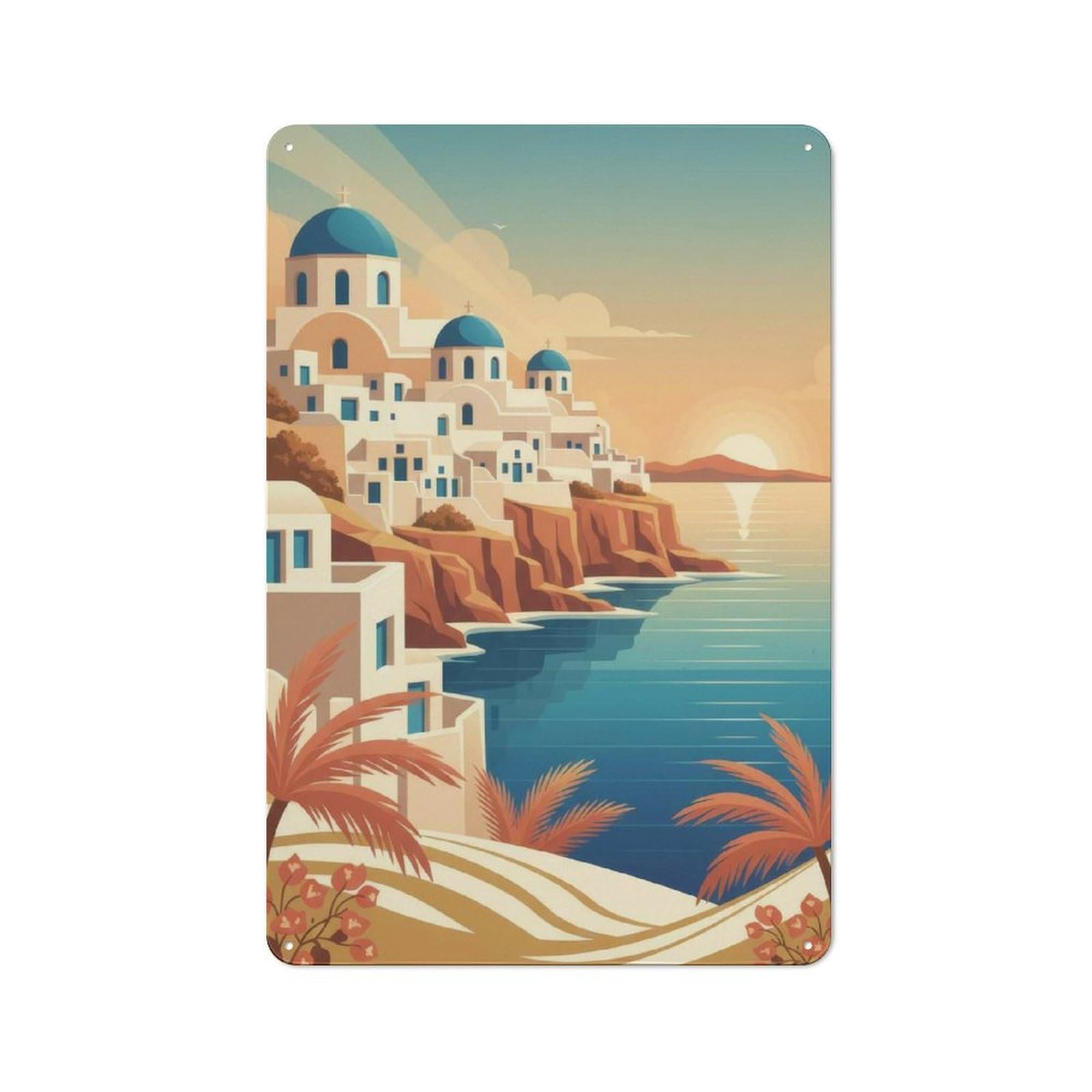 Junmoney Style-3 Urban Metal Wall Art Sign 30X20cm Featuring Santorini Greece Coastal View, Urban Room Decor For Modern Home, Workshop, Office Or Cafe