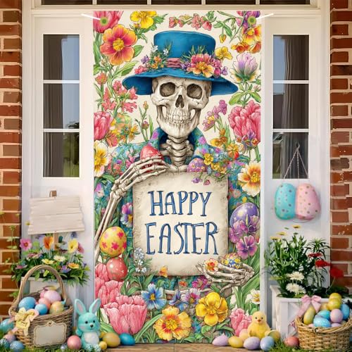 Image of Easter Door Cover 35.43 x 70.87 Inch Floral Skeleton Holding Happy Easter Sign with Colorful Spring Flowers Bunny Eggs Garden Elements Holiday Seasonal Front Door Accent