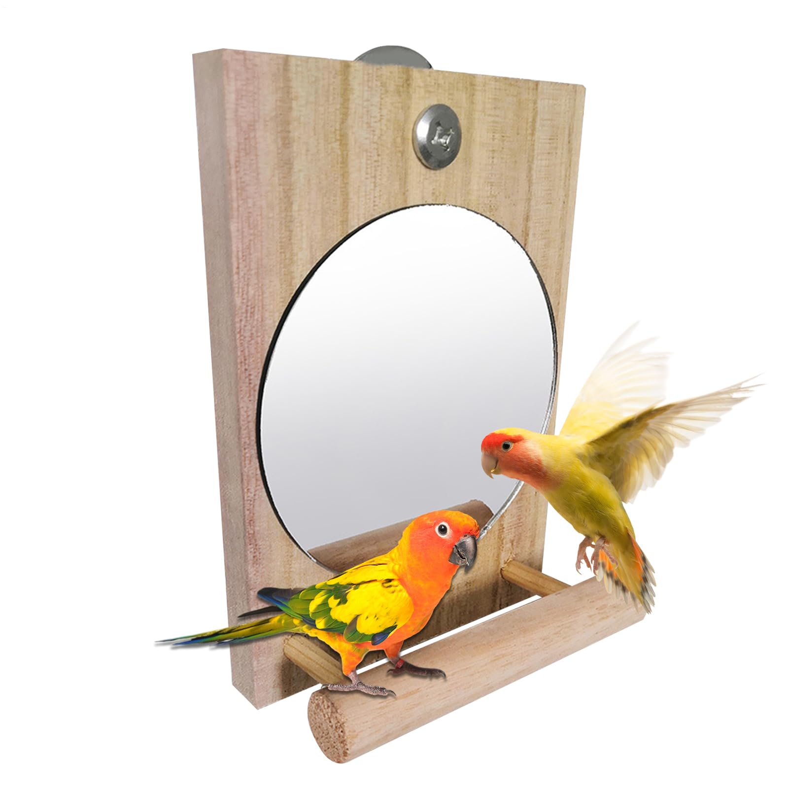 Paodduk Bird Cage Mirror, Bird Mirror with Perch Stand, Interactive Wooden Cockatiel Cage Accessories for Macaw Finch African Grey Canary Conure Parrot