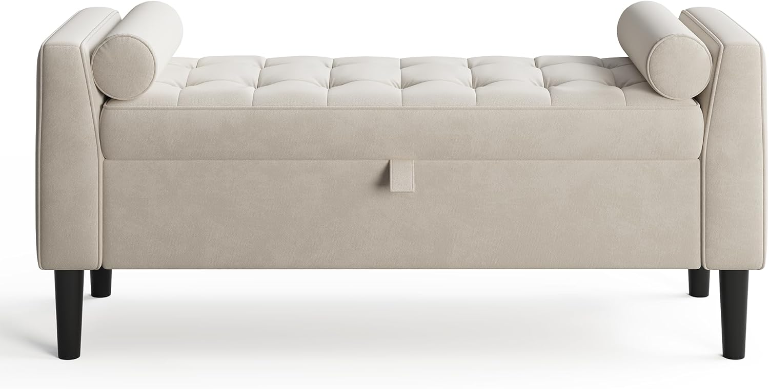 Garvee 46.5 in Storage Ottoman Bench – Upholstered End-of-Bed Storage Chest with Rolled Armrests & Wood Legs, Entryway Shoe Bench and Footrest Seat for Hallway, Bedroom & Living Room （Beige）