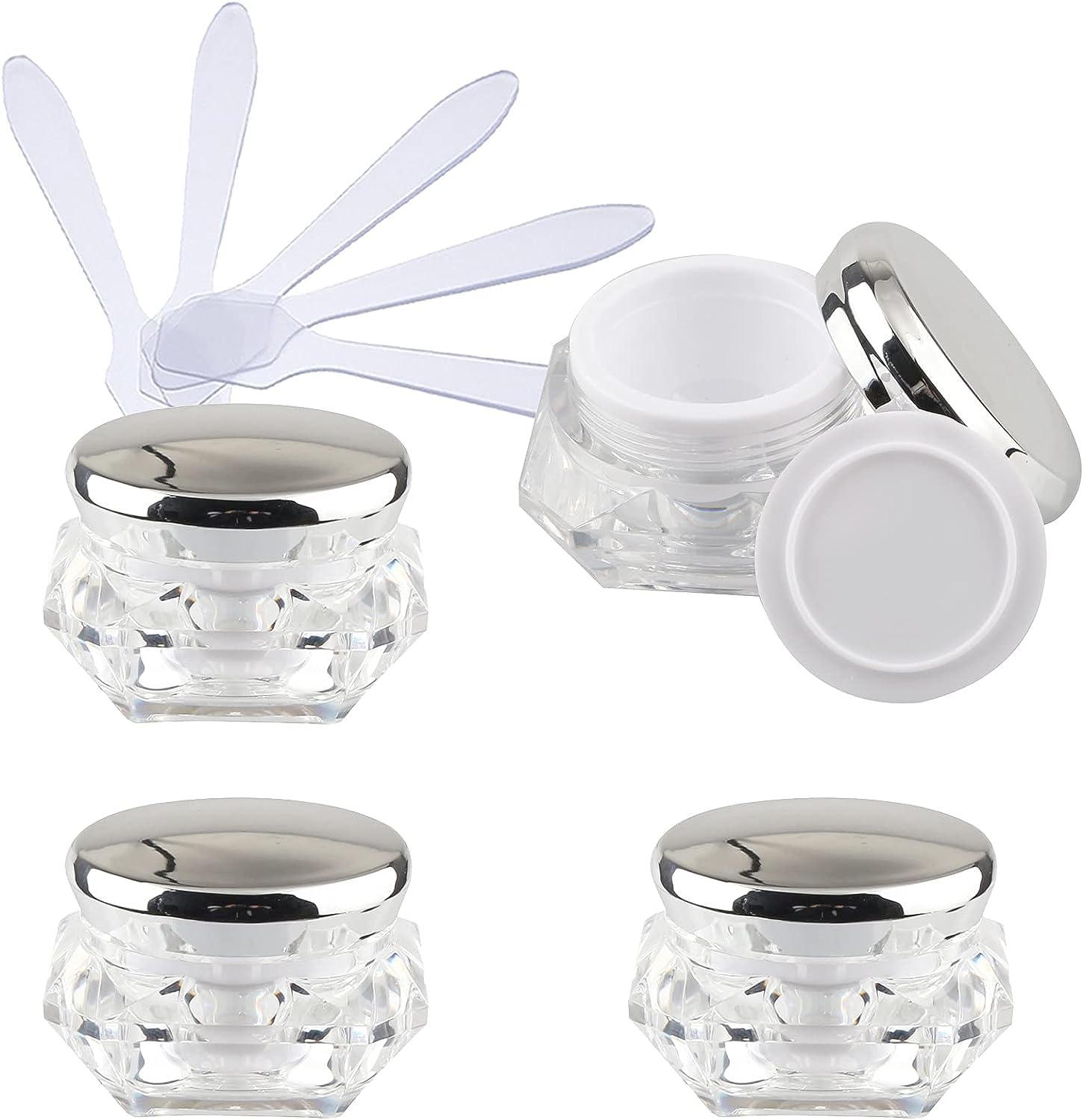 FLYIODFCXV cosmetic jar, Pack of 4, Empty 10 ml Transparent Acrylic Diamond Shape Cosmetic Container with Pink Lids + x Spoon
