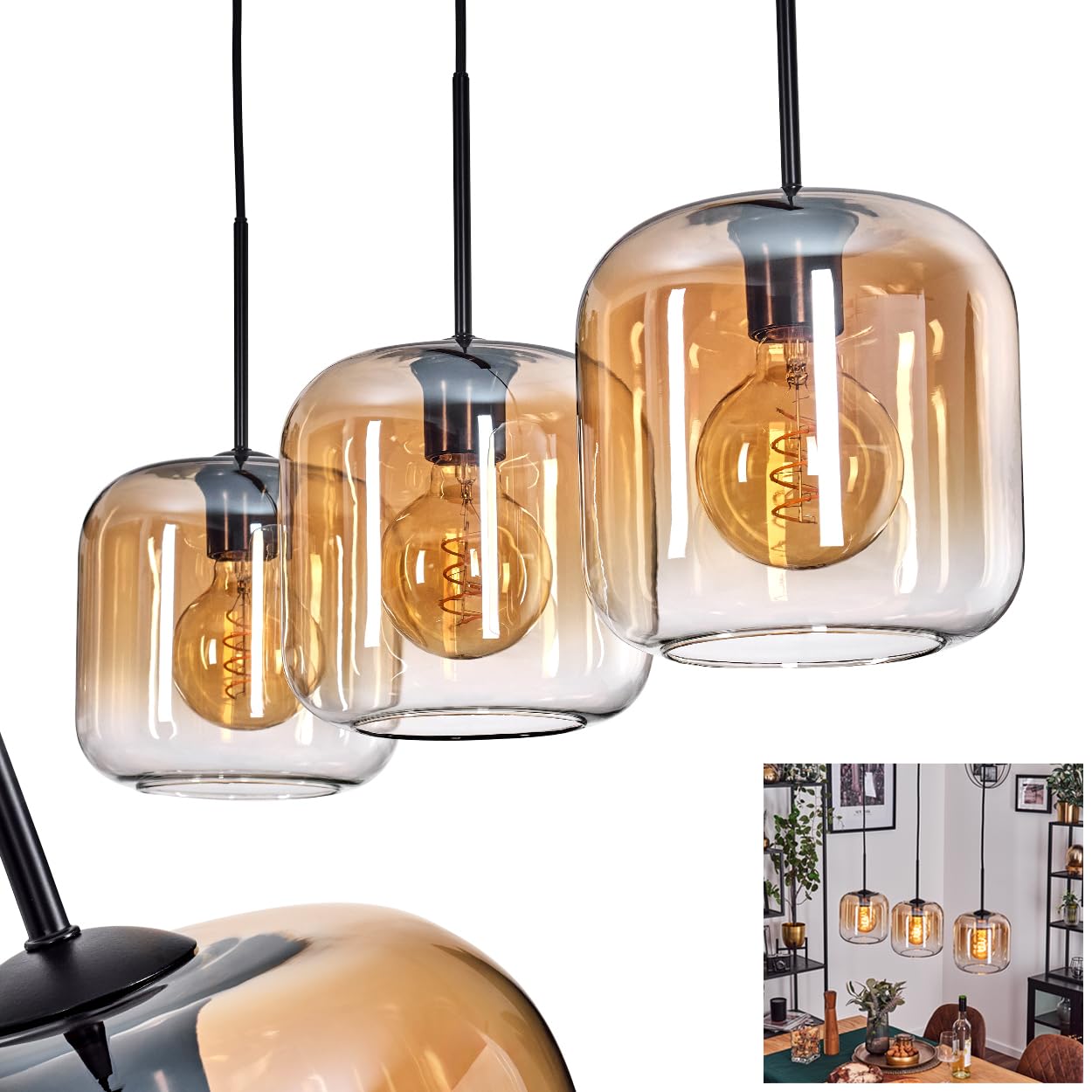 Pendelleuchte Lauden, Pendellampe aus Metall/Glas in Schwarz/Bernsteinfarben/Klar, Leuchte im modernen Retro/Vintage-Design mit Schirmen aus Glas (Ø 20 cm), Höhe max. 150 cm, 3x E27, ohne Leuchtmittel