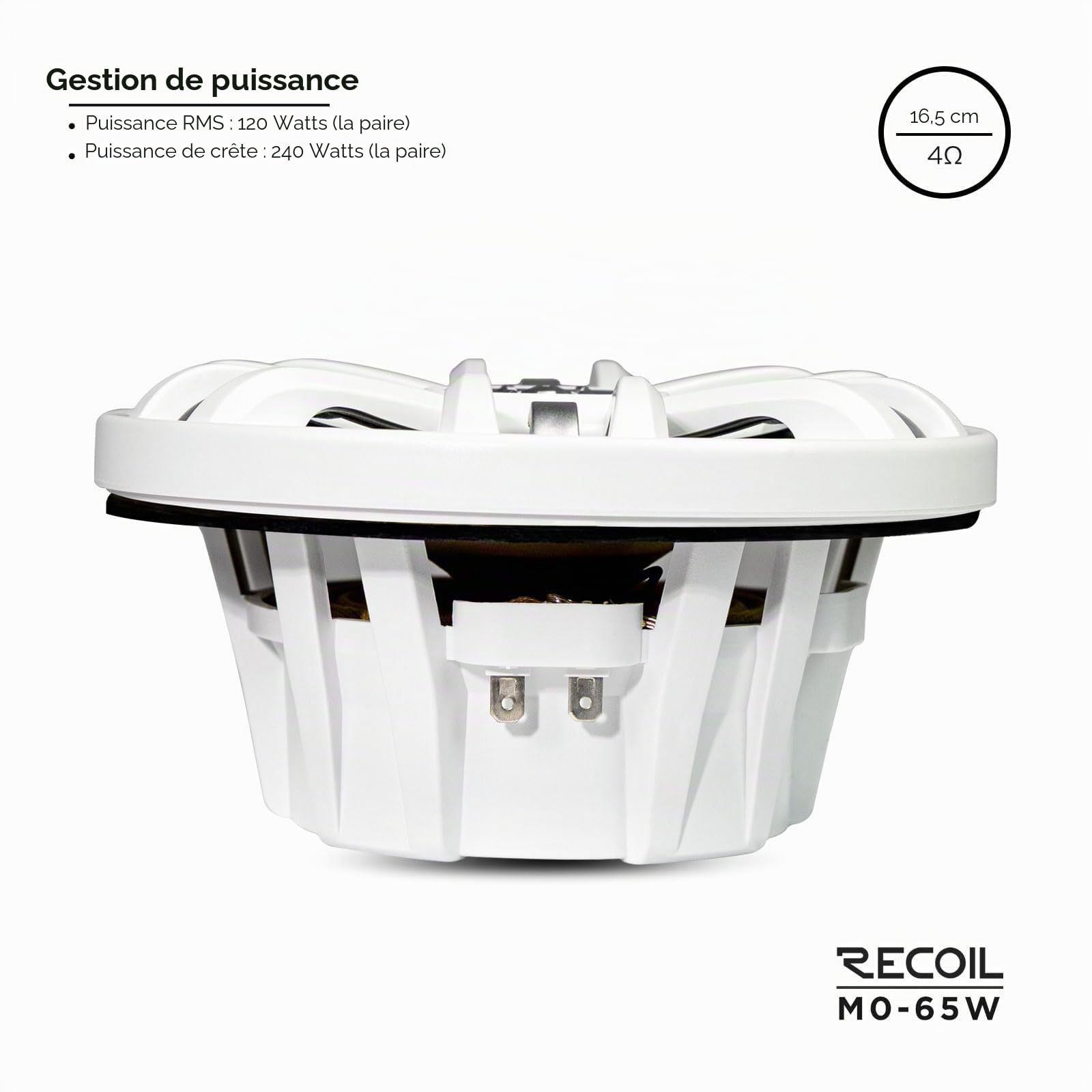 RECOIL M0-65W Enceintes Marines Étanches 16,5cm (6.5") 2 Voies | 240W Max, 120W RMS, 4 Ohms, Blanc, Résistant UV, Tweeter Néodyme – Paire pour Bateau, UTV, ATV