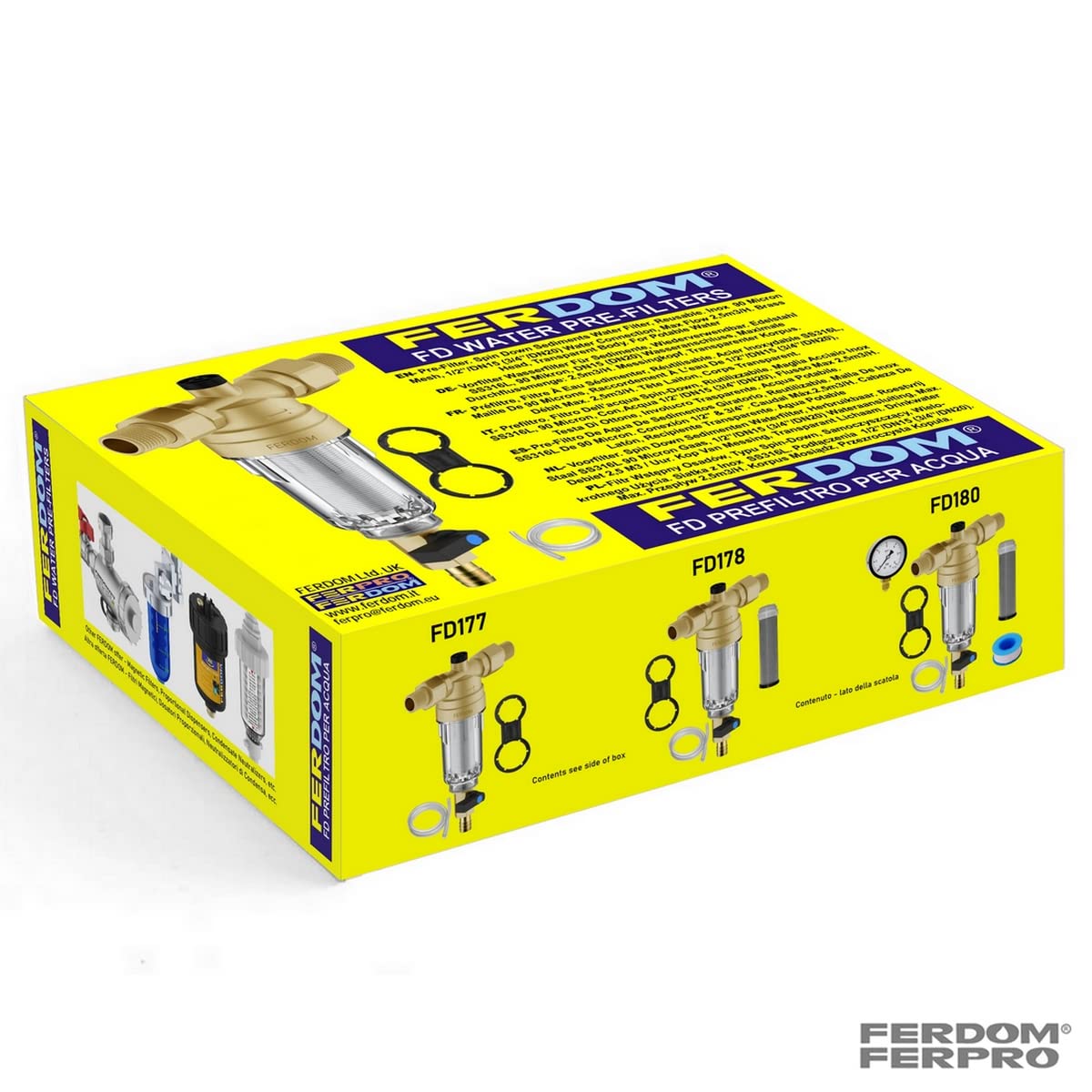 FERDOM FD177 Prefiltro. Filtro Dell’acqua Spin-Down, Riutilizzabile. Maglia Acciaio Inox, 90 Micron, Con 1/2”(3/4”), Flusso max 2,5m3/H. Testa di Ottone, Involucro Trasparente.