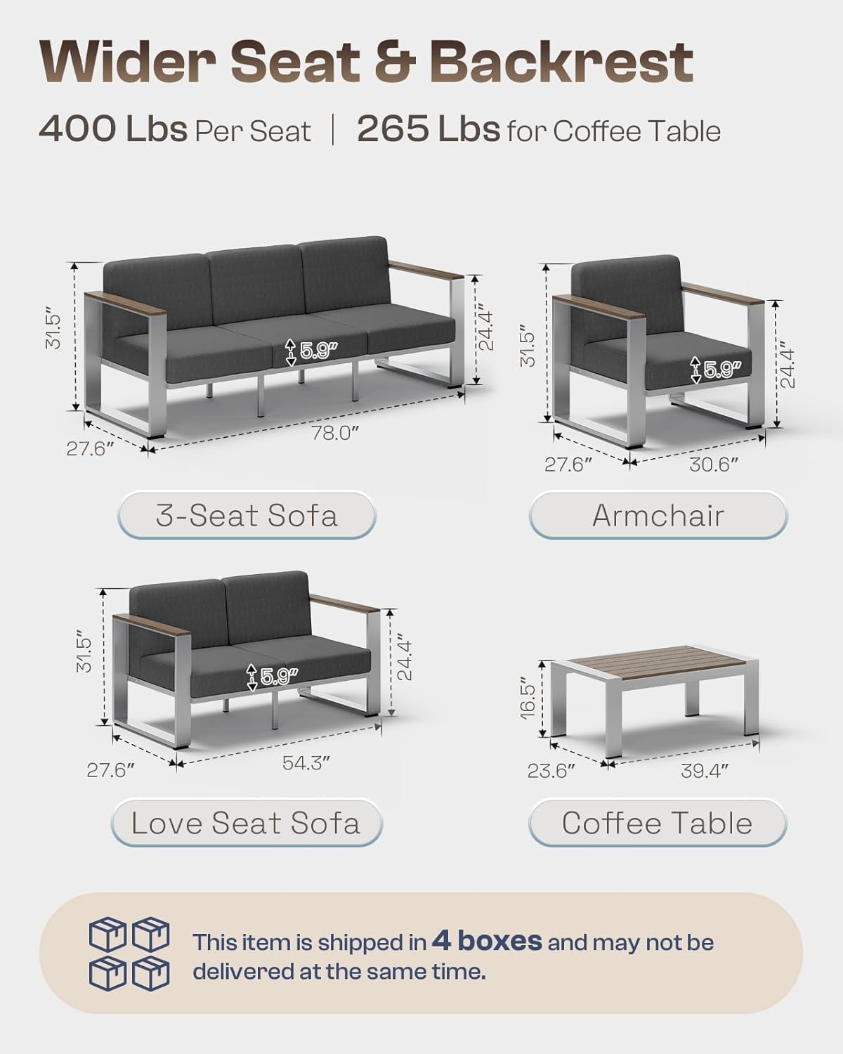 Outdoor Patio Furniture Set, 7 Seats Outdoor Patio Conversation Sets with Wide Seat and Ergonomic Washable Thick Cushions, Modern Patio Sectional Furniture for Balcony, Porch