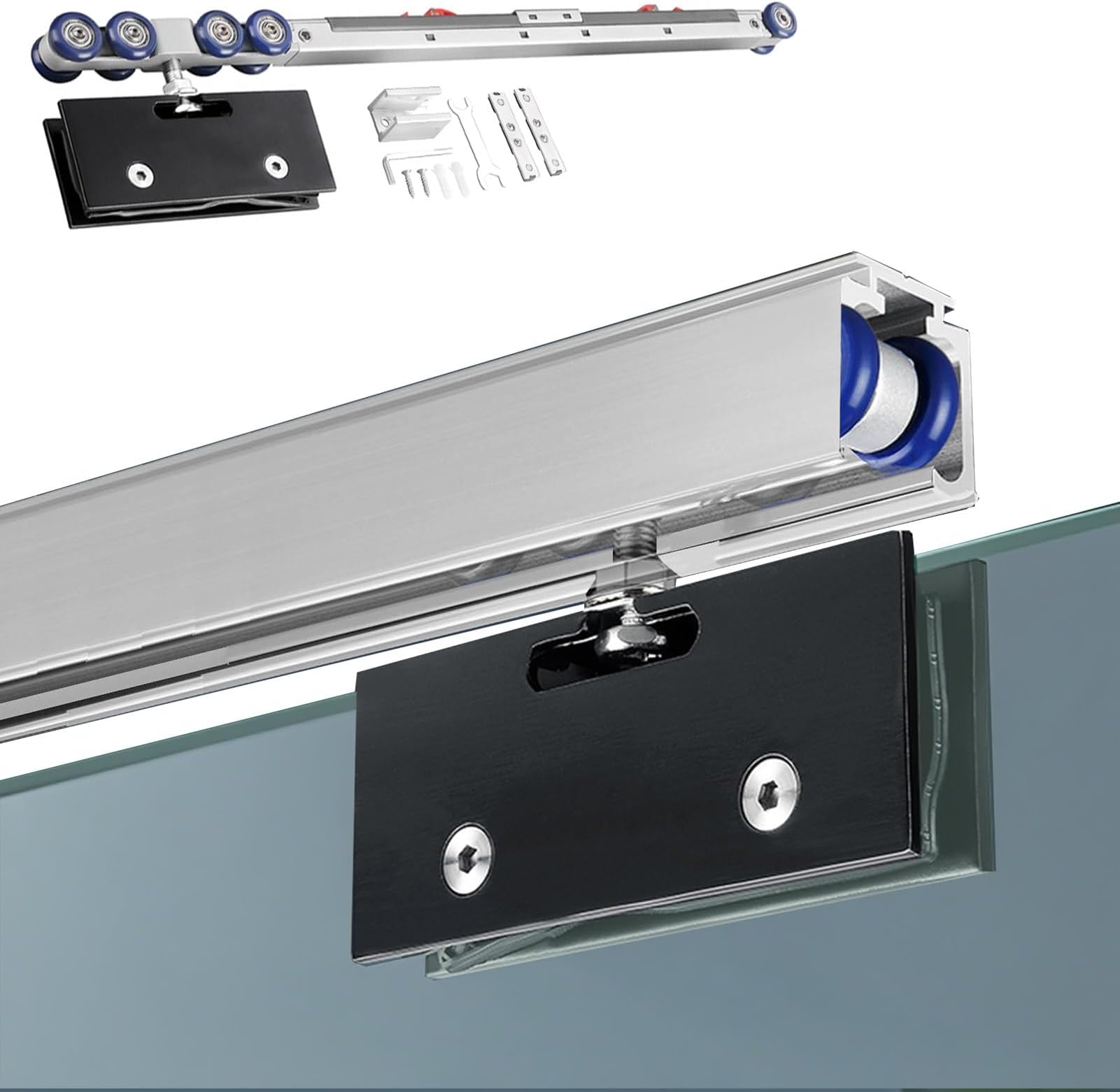 Frameless Glass Door Soft Close Track Kit 5.2ft Sliding Pocket Door Frame with Black Glass Clamp SilverWhite Bypass System for Bathroom & Modern Spaces