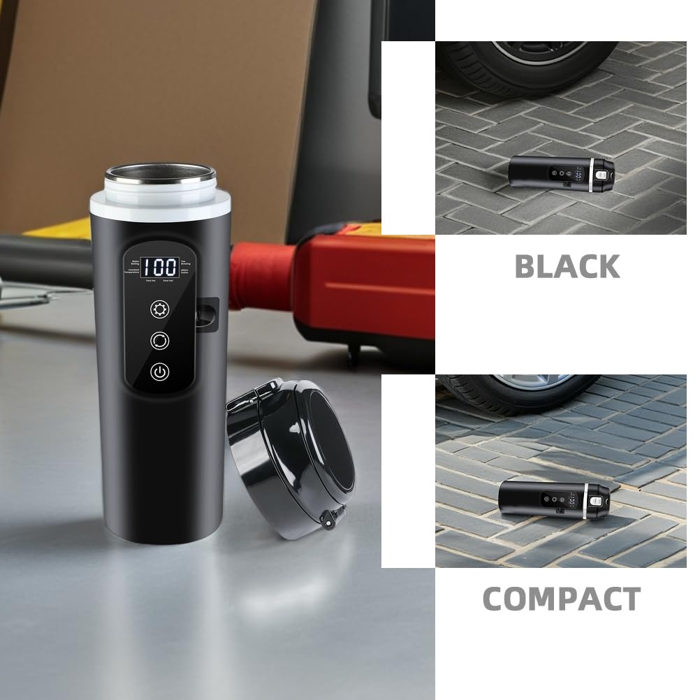 Tragbarer Auto Wasserbecher 500ml Schwarz aus Edelstahl mit Digitalanzeige | Kaffee und Heißgetränke, Kompakt und Leicht, Präzise Temperaturregelung, für Reise und Familienurlaub