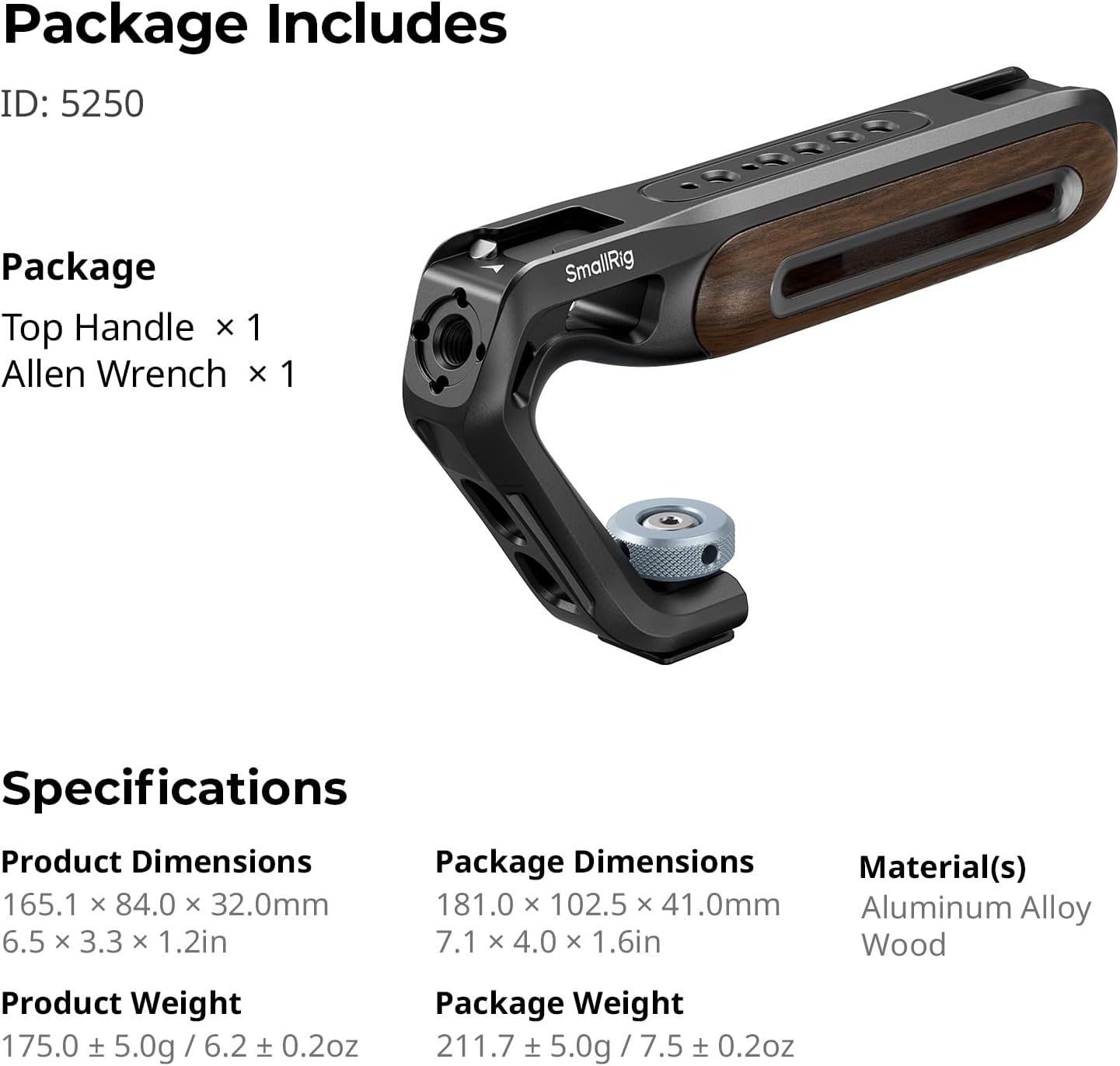 SmallRig Wooden Top Handle with Cold Shoe Mount, Lightweight Wooden Top Handle for Camera Cage, Load Capacity up to 10kg / 22lb, 3/8"-16 Locating Holes for ARRI & 1/4''-20 Threaded Holes - 5250 - Image 8