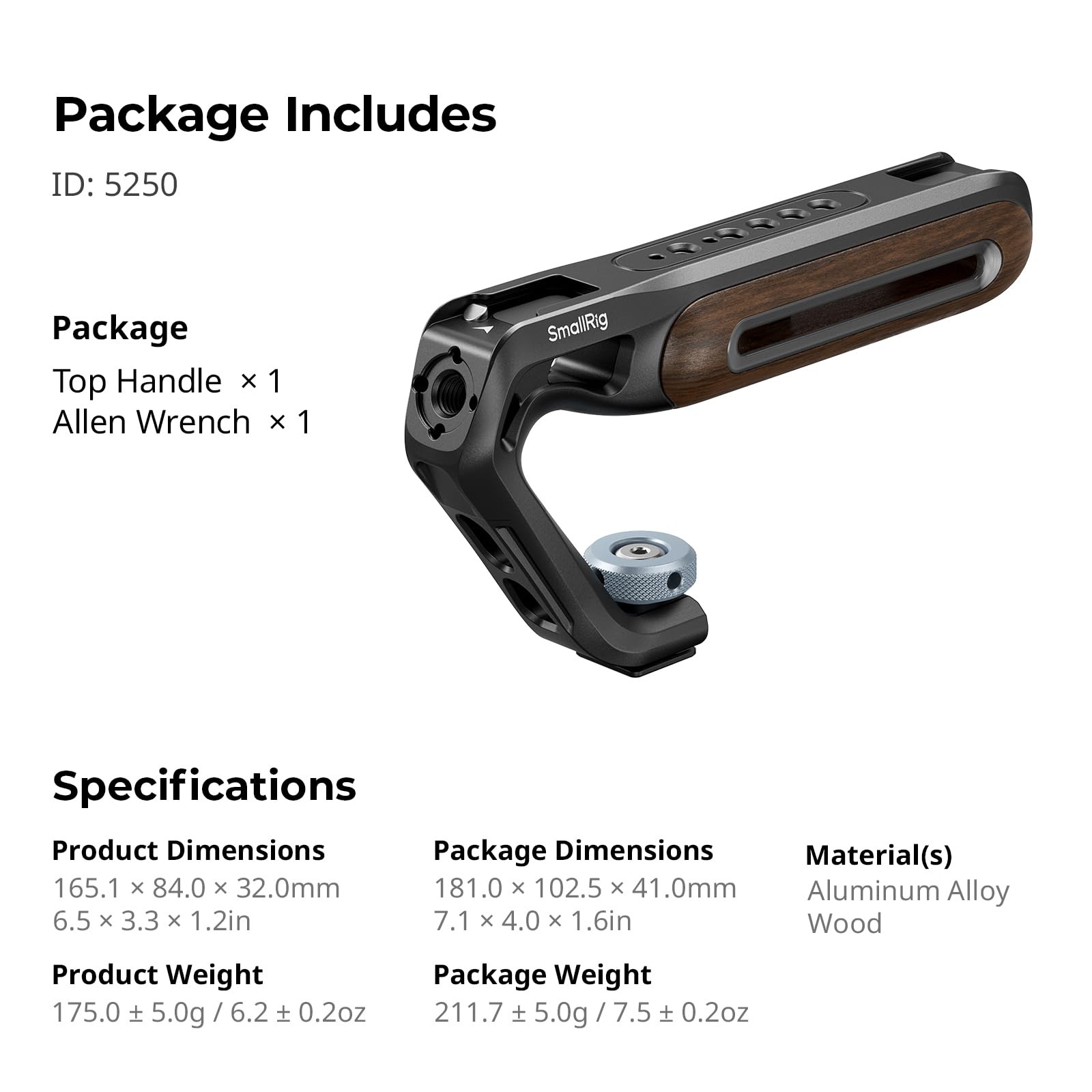 SmallRig Mango superior de madera con soporte de zapata fría, mango superior de madera ligero para jaula de cámara, capacidad de carga de hasta 10 kg, agujeros de localización de 3/8''-16 para ARRI y