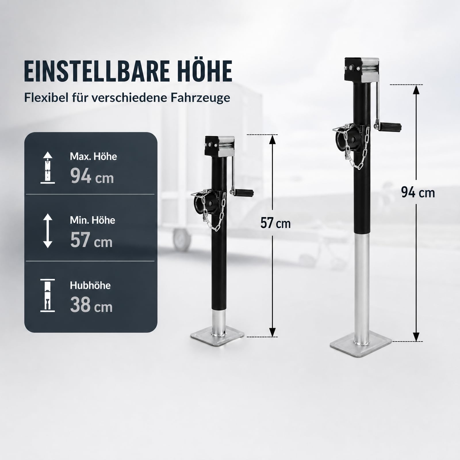 Anhängerheber, 2,27T 5000LBS Stützfuß Anhänger, 38cm Hubhöhe Anhänger-Heckstütze für Wohnwagen mit Kurbel, Q235 Stahl, 57-94 cm Verstellbar für PKW LKW Camper