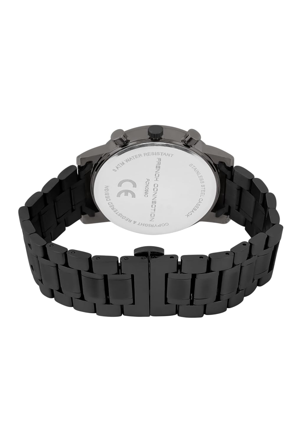 Back view of French Connection FCN059C watch showing water resistance marking