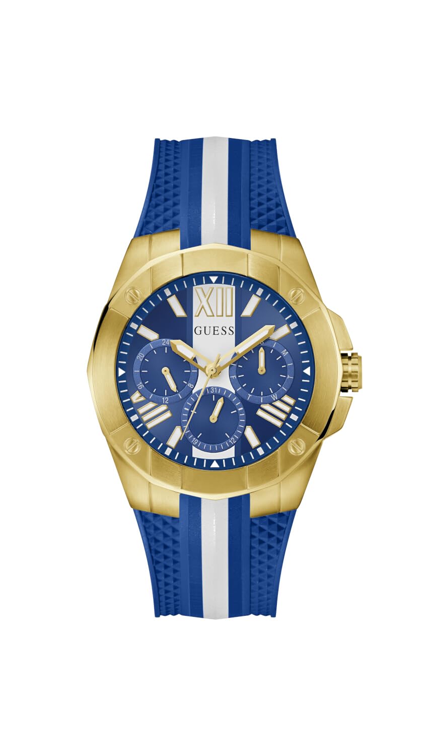 GUESS Silicone Mens Gold-Tone Chronograph Analog Watch, Blue Dial Color-Multicolor, Band Color-Blue (B0CVYWYVS8) Amazon Price History, Amazon Price Tracker