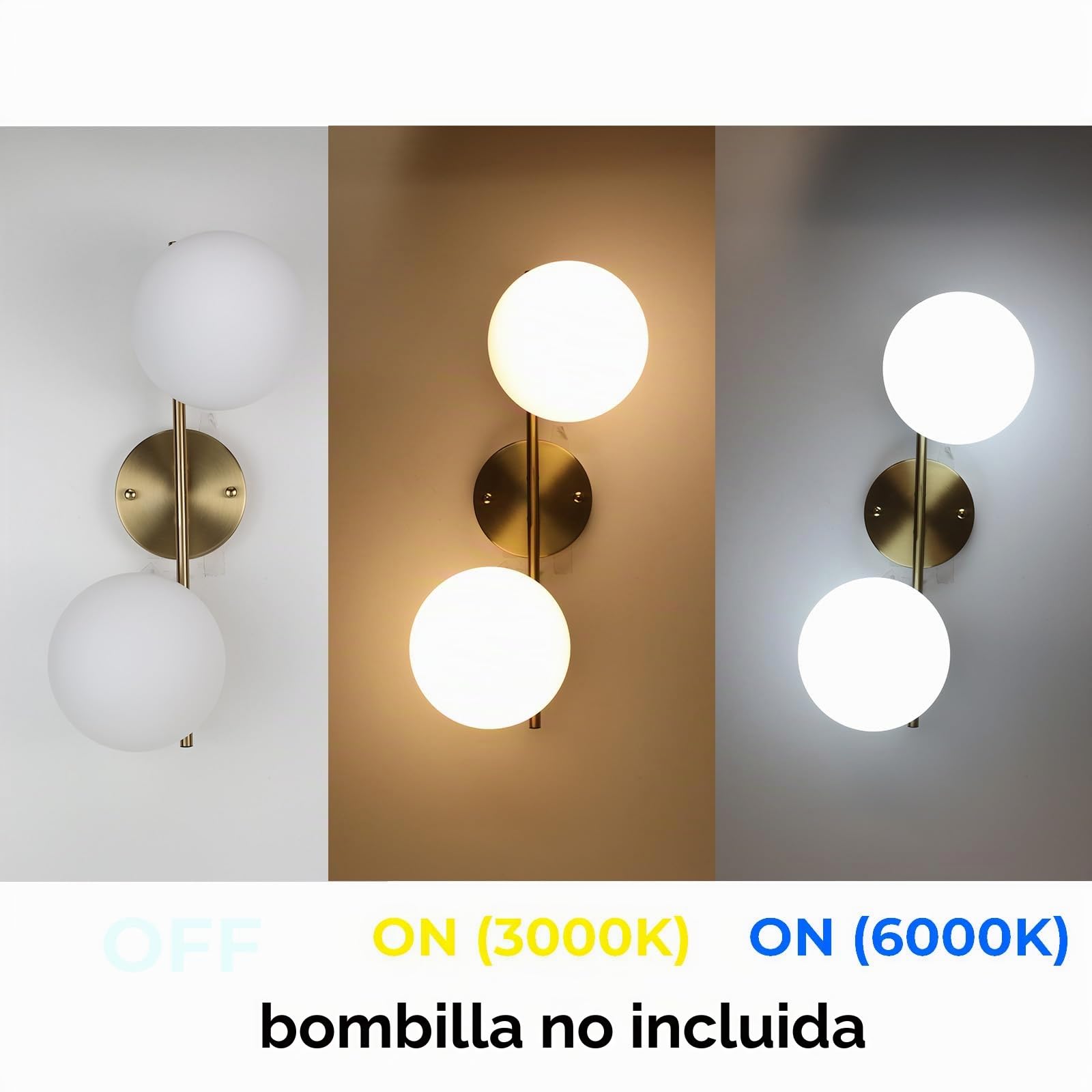 Alpinaluz Aplique de Pared Dorado, Lámpara de Pared con 2 Bolas de Cristal Opaco Blanco, Portalámparas E27 para Bombillas G45, Iluminación Decorativa para Dormitorio, Salón y Pasillo