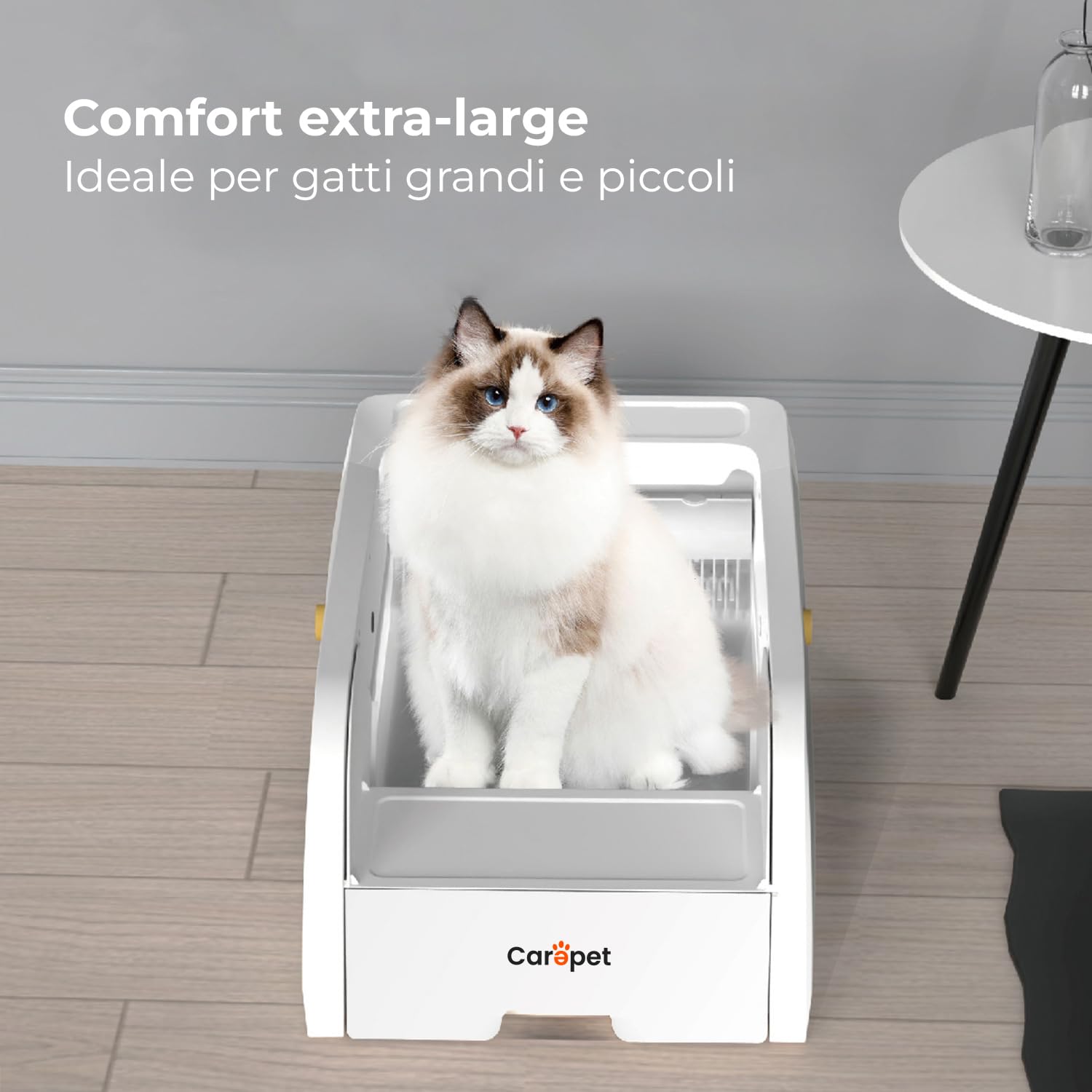 Carepet Arenero autolimpiante C102WC con cámara, control por aplicación, reconocimiento multigato, limpieza automática, sensores infrarrojos, desinfección UV, diseño compacto