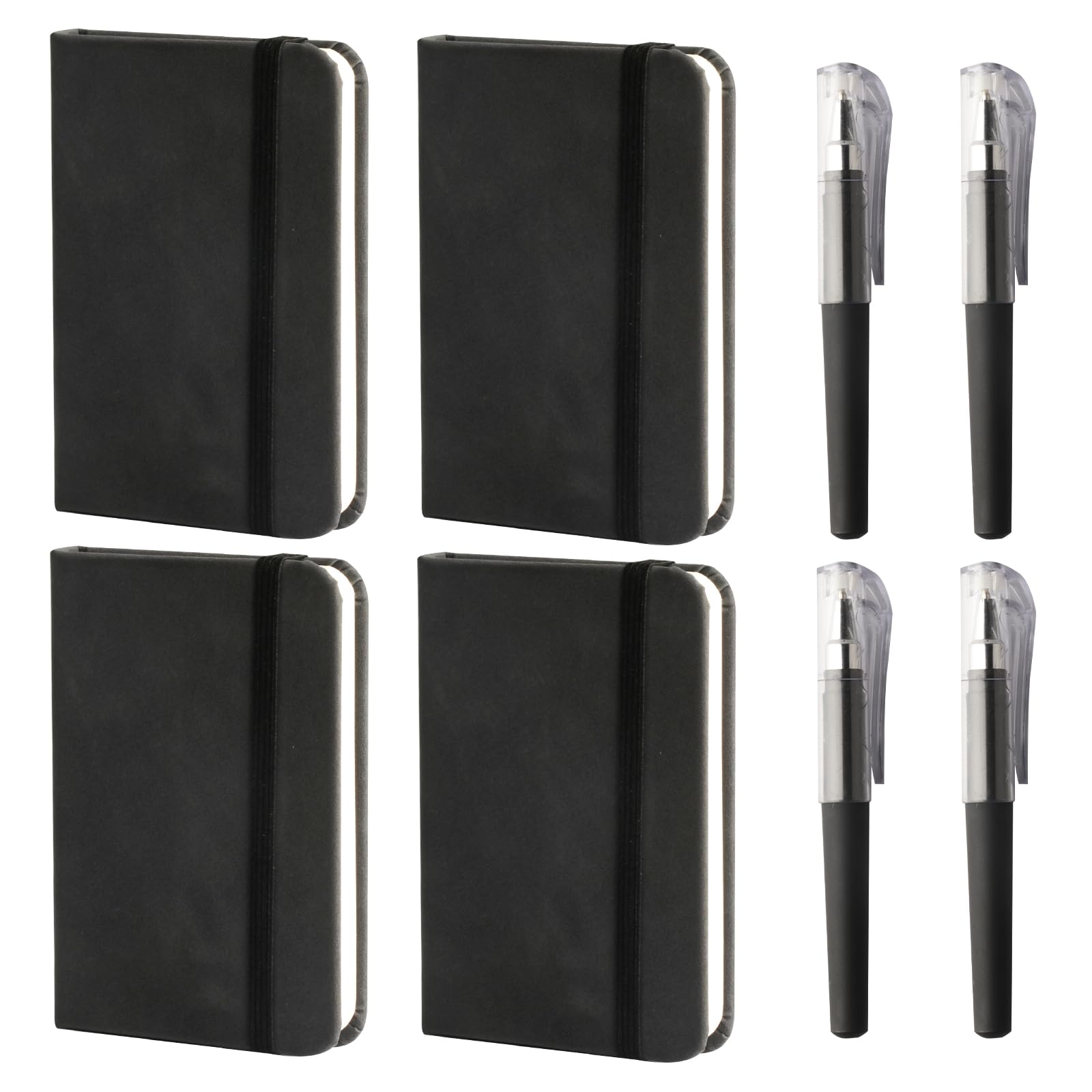 ErShiPing A7 Notebook, 4 Pcs Small Notebooks Pocket Size, A7 Pocket Notebooks, Lined Notebook, Portable Small Notepads with Elastic Closure, for Travel Writing Note-Taking (Black), with 4 Pens