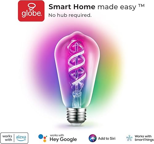 Miniatura 11 de GLOBE Bombilla eléctrica 35847 Wi-Fi Smart 7 W (equivalente a 60 W), filamento en espiral multicolor cambiante, RGB sintonizable, blanco