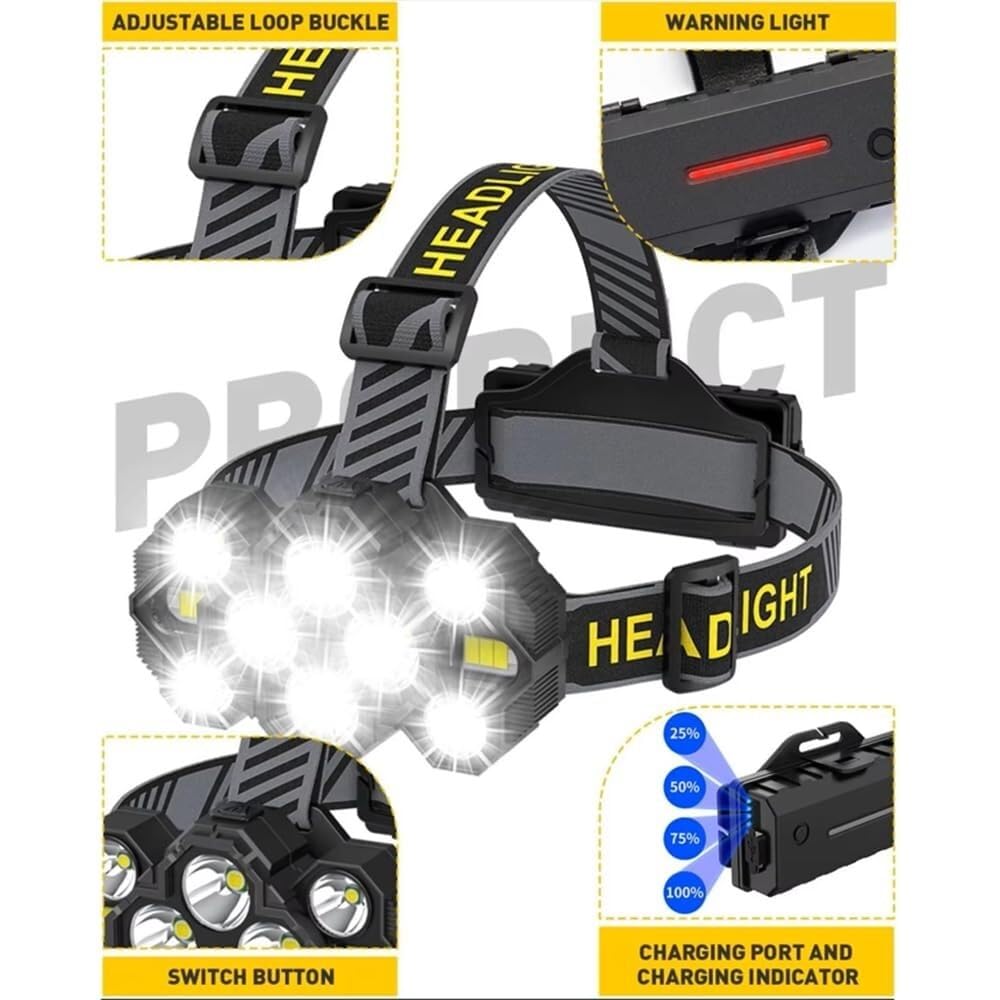Lampe Frontale Rechargeable à 10 LED avec lumières Blanches et Rouges, idéale for Le Camping, Le Cyclisme, la Course à Pied, la pêche