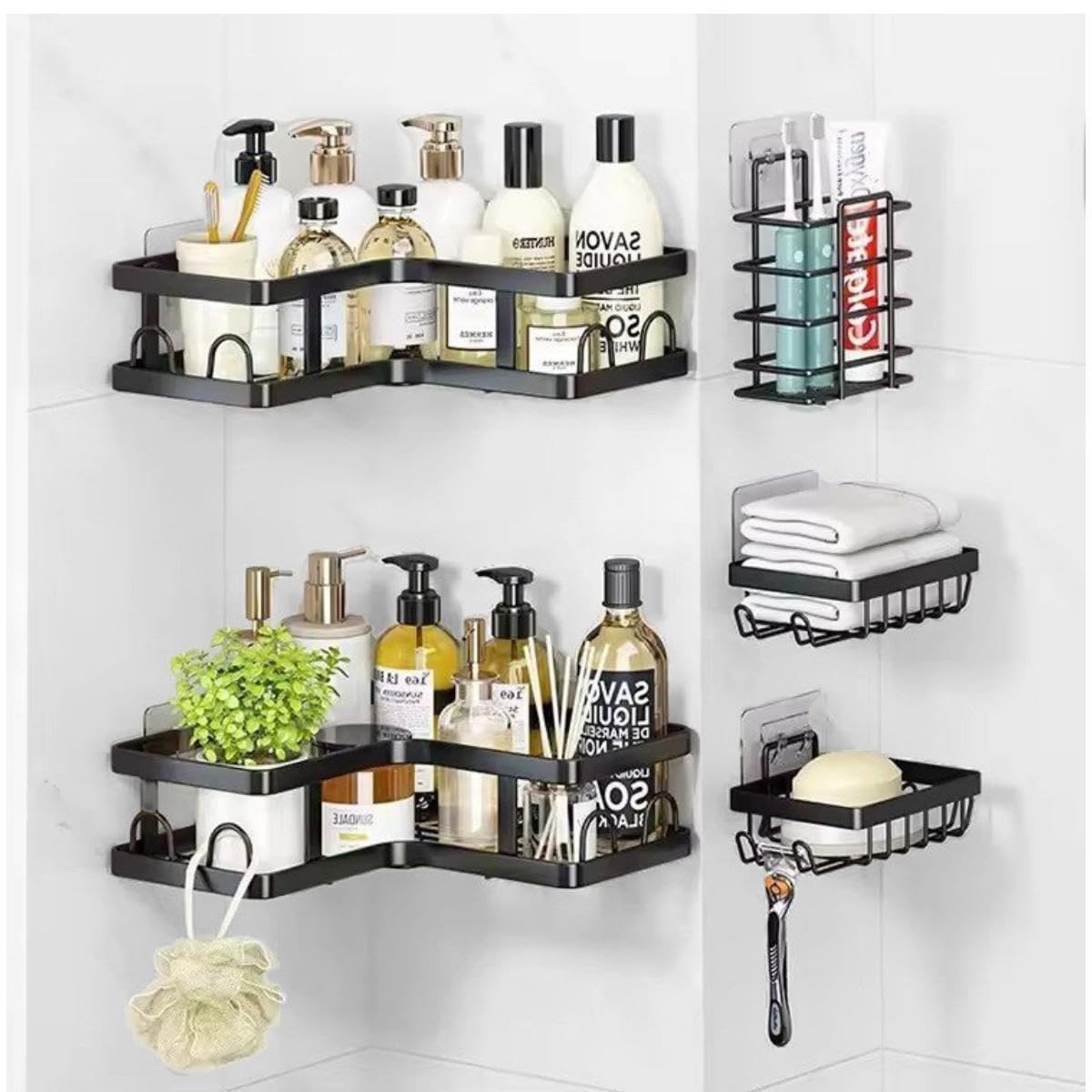 Shower Caddy Corner Rack 5-Pack Rustproof Stainless Steel Bathroom Organizer No-Drill Adhesive Shower Shelf with Hooks for Shampoo