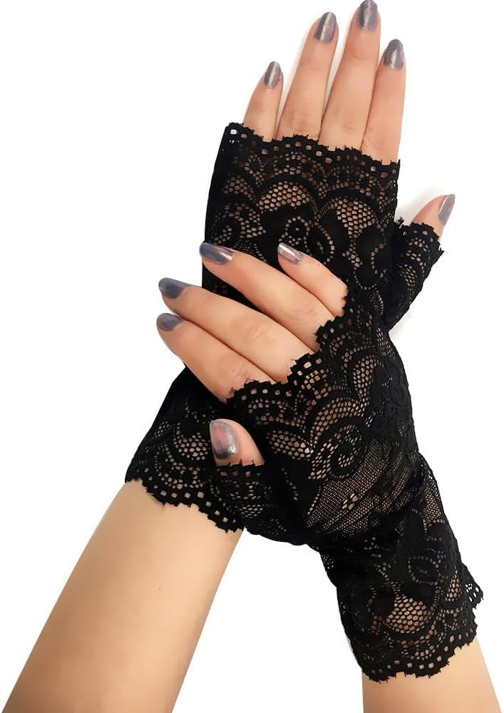 Women Black Novelty Gloves,Fingerless Lace Gloves Elegant Short Lace Gloves for 20s Evening Party/Halloween Costume Accessories - Image 3