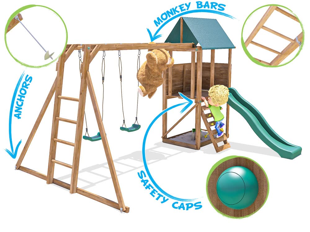 Dunster House SquirrelFort Climbing Frame Monkey Bars with Playhouse