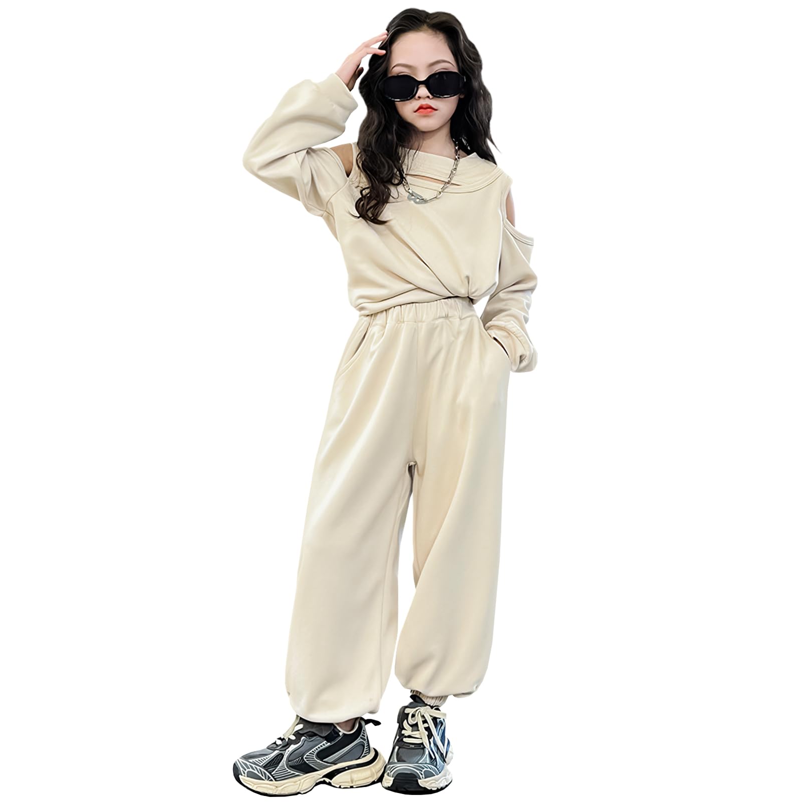 Chándal para niña, 2 piezas, ropa deportiva para niños, ropa deportiva a la moda, hombros descubiertos, camiseta corta y pantalones de jogging, juego de ropa para primavera/otoño, 5-11 años