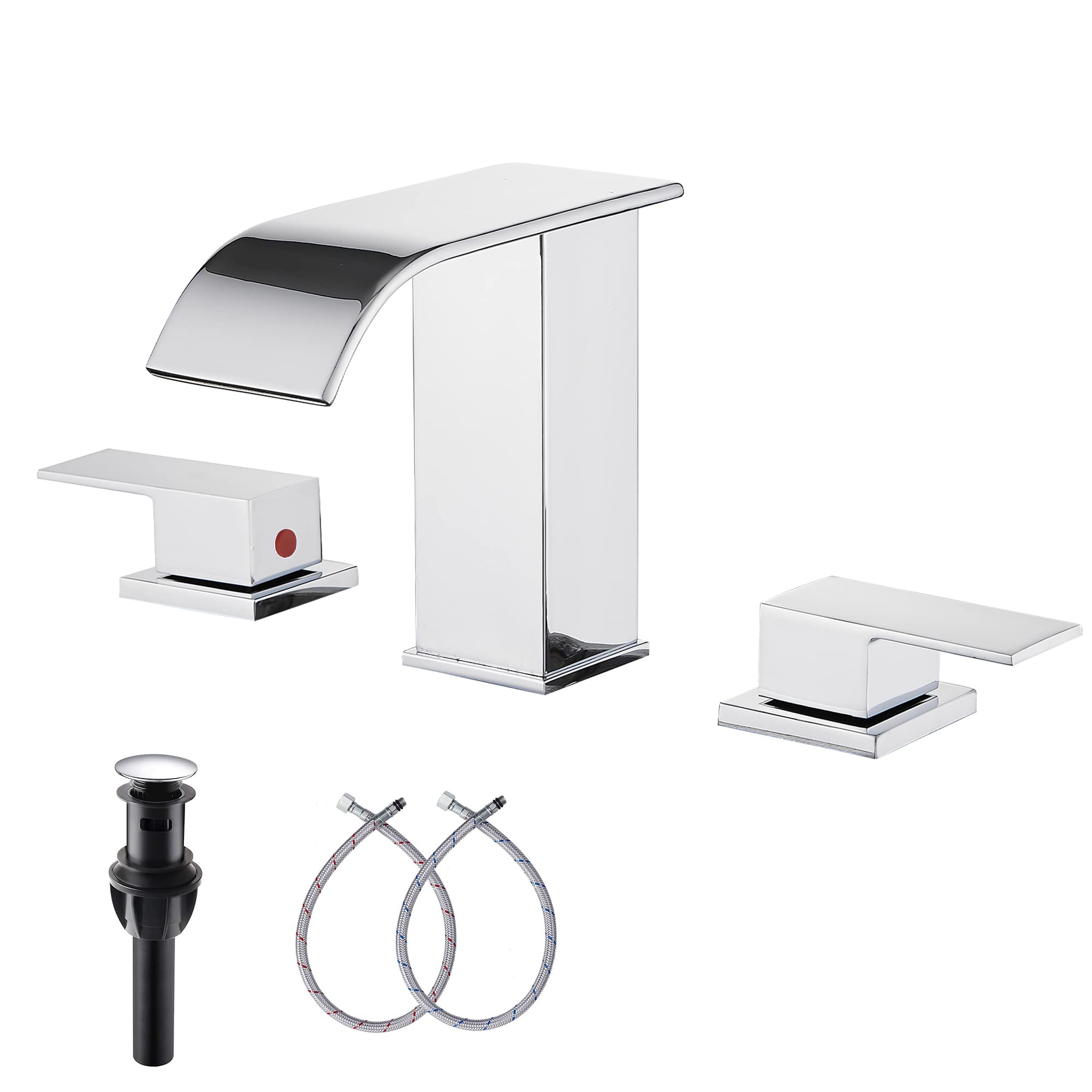 Waterfall Widespread Bathroom Faucet Chrome GGStudy 3 Holes 2 Handle Modern Bathroom Sink Faucet with Pop Up Drain
