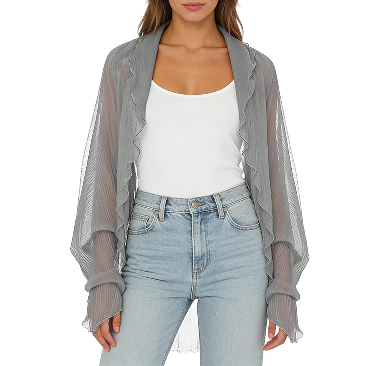 Women's Summer Sheer Striped Blouse, Batwing Pleated Long Sleeve Shirt, Loose Fit See-Through Chiffon Cardigan Top, Casual Layering Cover-Up for Spring & Summer-image-28