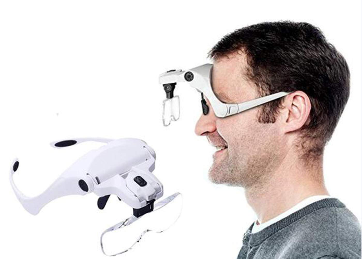 EUQKKWLOY Kopfbandlupe mit 2 LED-Leuchten – Freihändige Leselupe mit Kopfhalterung, Vergrößerungsbrille mit Leuchte und 5 austauschbaren Linsen (1,0X, 1,5X, 2,0X, 2,5X, 3,5X).