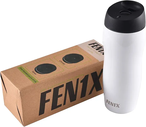 FEN1X Traveller 14 oz Tumbler, Stainless Steel Vacuum Insulated Coffee Travel Mug with Push Button Lid for QuickStart drinking while driving, White
