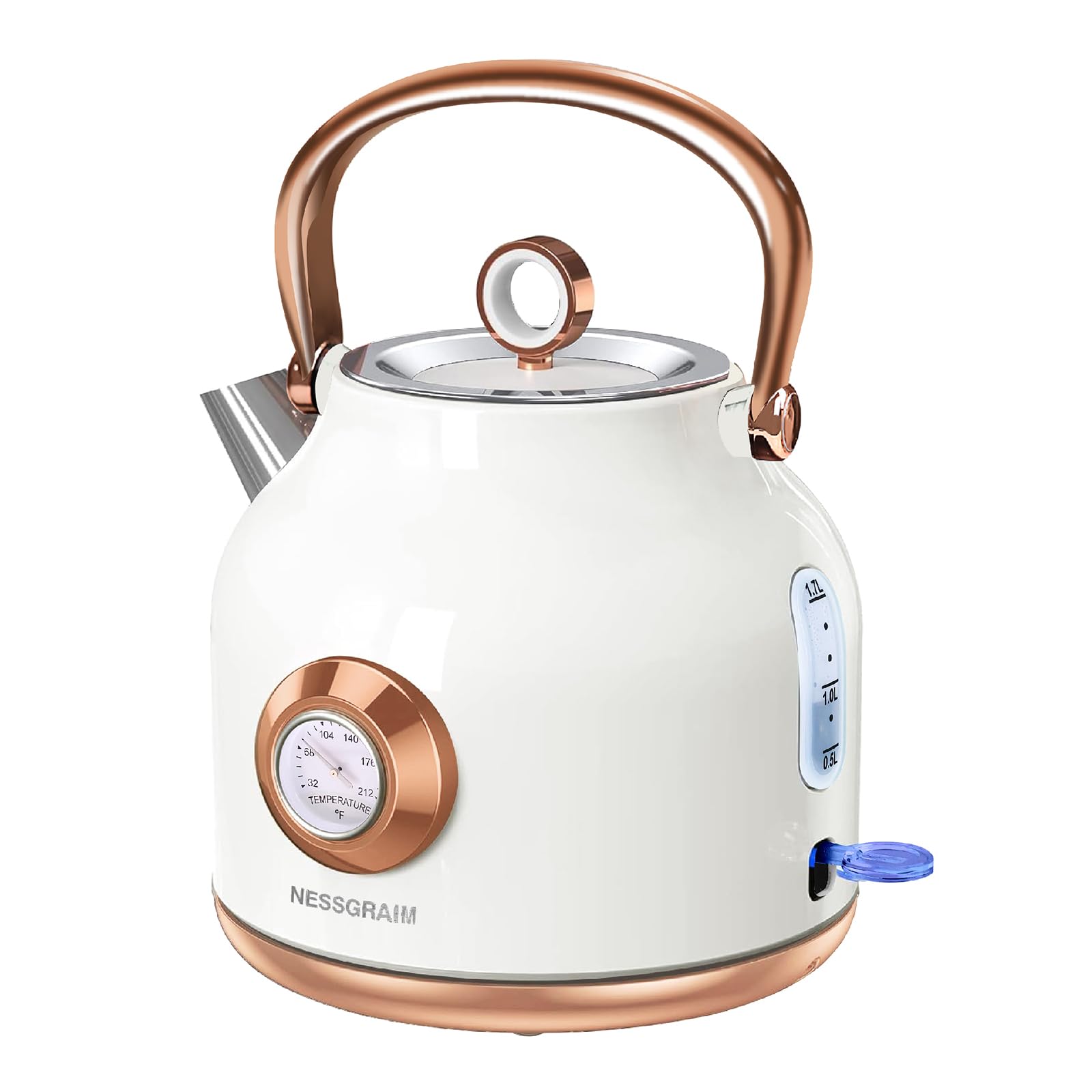 Retro Electric Kettle, 1.7L Stainless Steel Tea Kettle with Large Temperature Gauge, 1500W Fast Heating Hot Water Boiler with LED Indicator, Auto Shut-off & Boil-Dry Protection-Reteo White